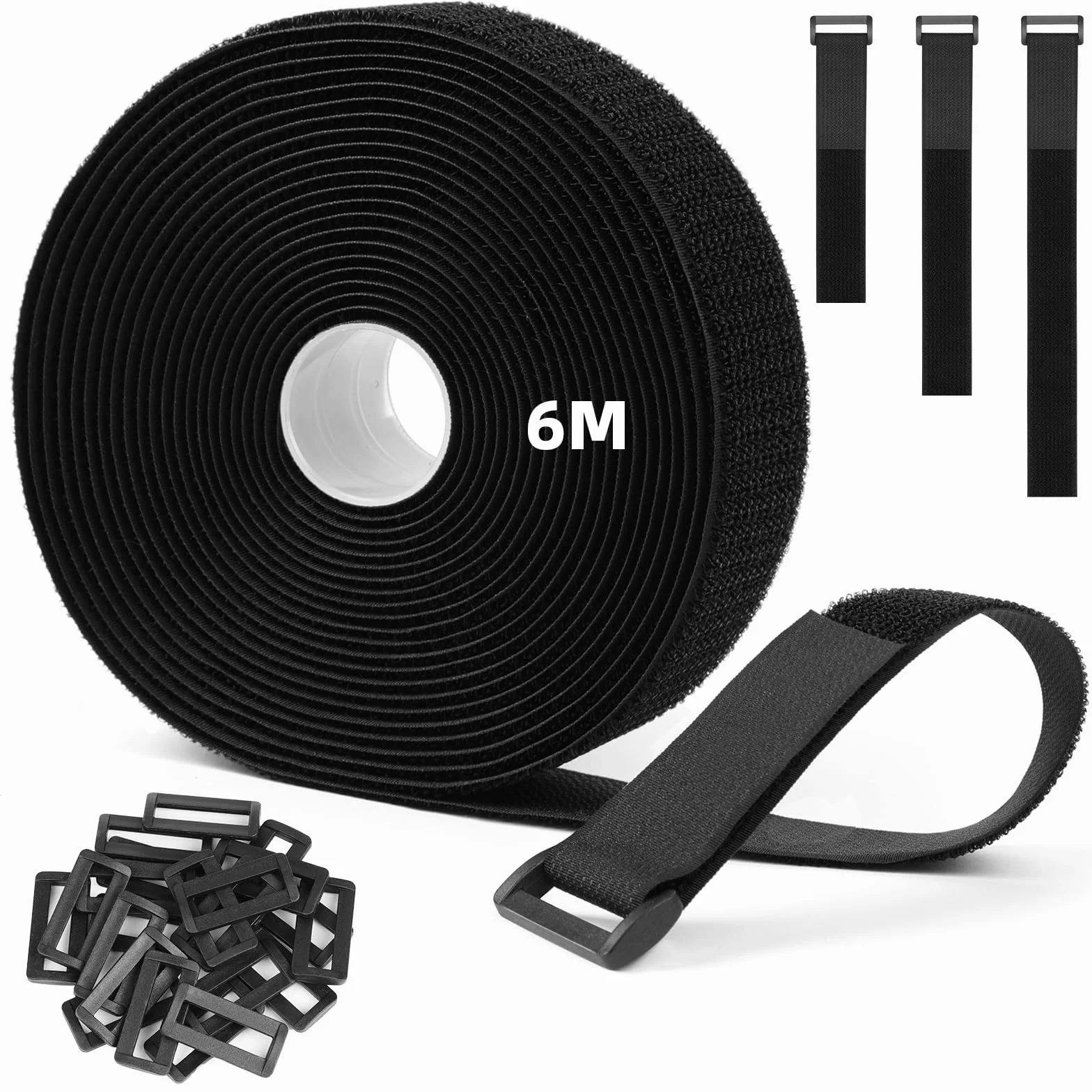 HOTUT Bridas Reutilizables para Cables de 6m x 3.8cm con 25 Hebillas, Ajustables de Nylon con Gancho y Bucle, Cortables a la Longitud Deseada, Cintas de Sujeción para Organizador Management de Cables