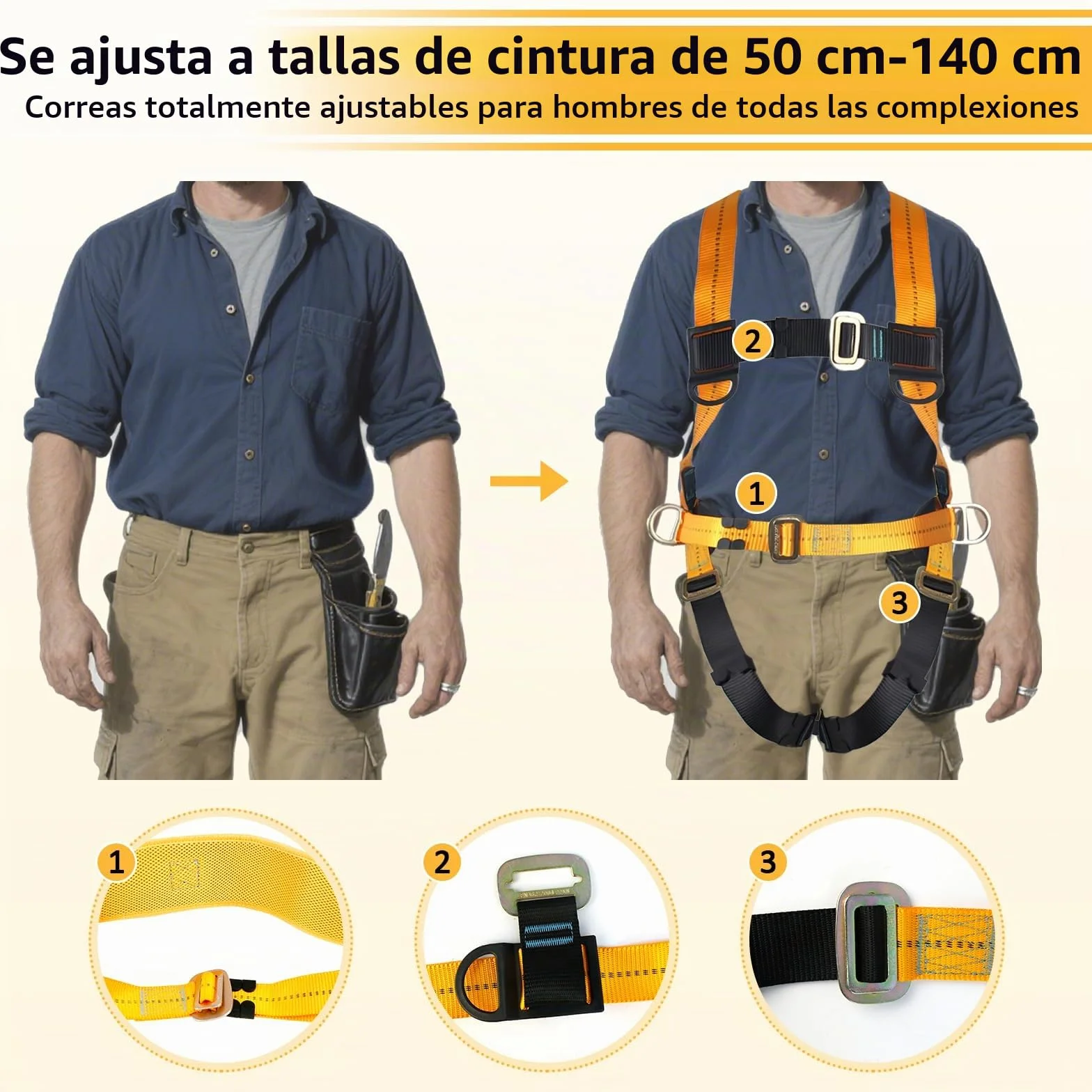 JAOGAUS Arnés de seguridad anticaídas doble cuerda ganchos ajustable 100 kg EN 361/354/355