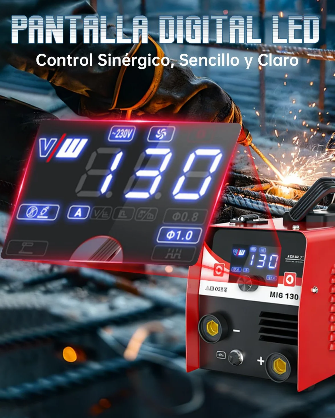 VECTOR WELDING Soldador de Hilo sin Gas 130A, Máquina de Soldar Mig sin Gas con Función de Soldadura por Electrodo, Grupo de soldar Mig Mag Portátil con Alambre, IGBT