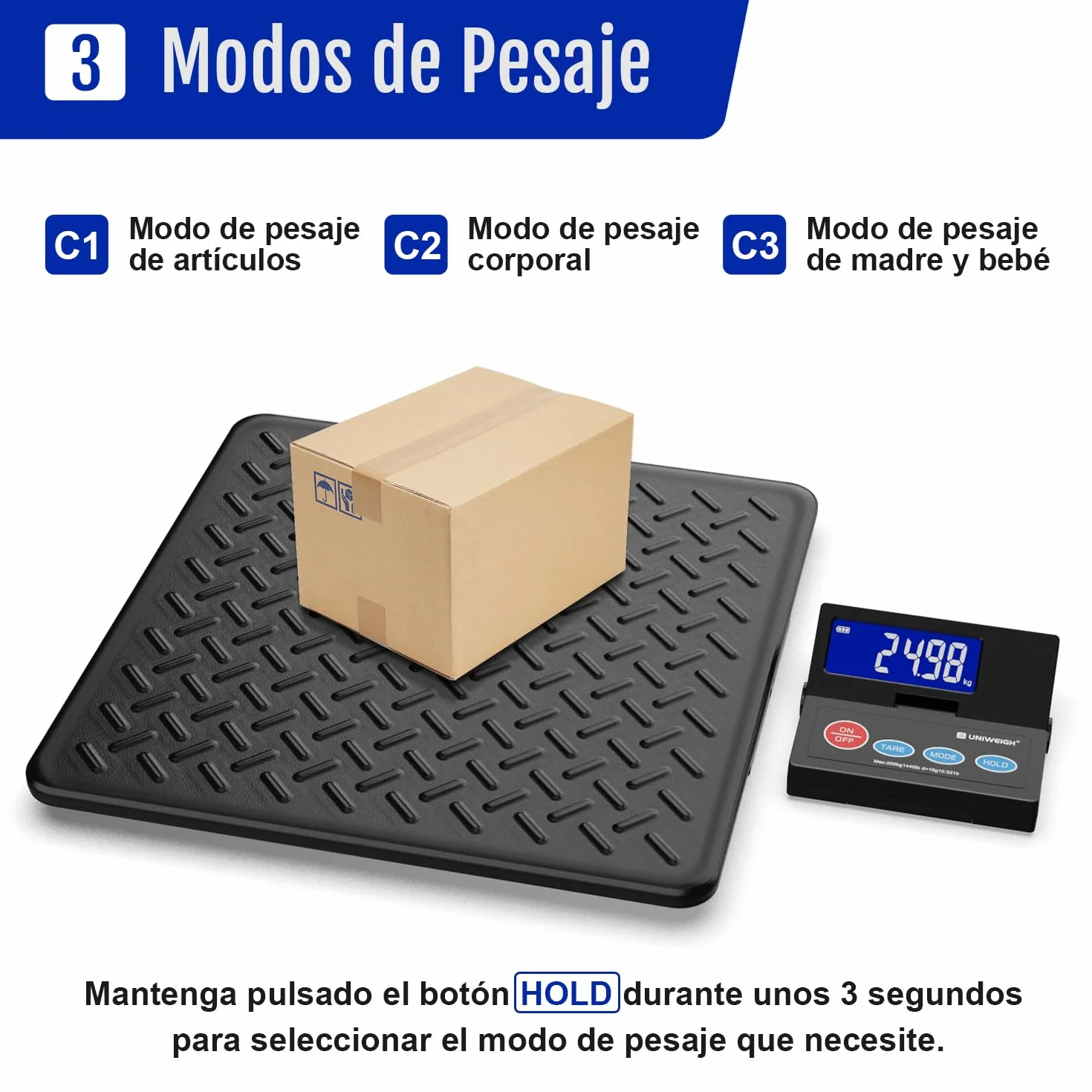 UNIWEIGH Báscula digital para paquetes 10 g precisión pantalla LCD retroiluminada plataforma acero aleado USB/batería tara Hold Auto-Off