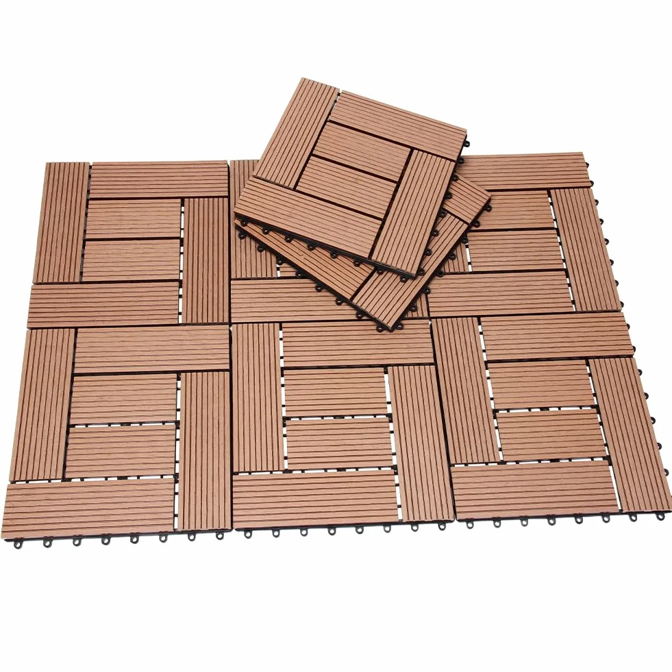 BAKAJI Juego de 11 piezas de azulejos WPC para jardín exterior, patio, balcón, suelo con drenaje de agua, azulejos de montaje empotrado, resistente a los agentes atmosféricos, diseño incrustado