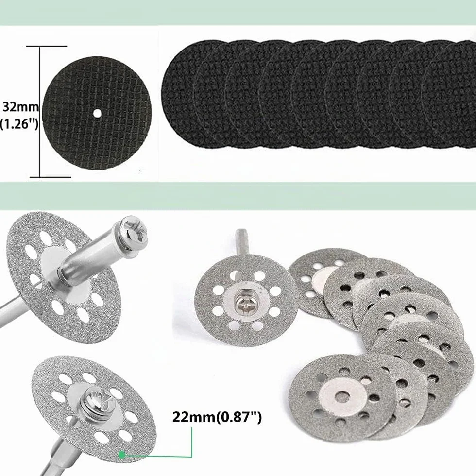 32 Piezas Discos de Corte para Dremel, Disco Corte Diamante & Mini Hoja de Sierra Circular HSS & Mini Disco de Corte de Resina (3mm Mandril) para Madera, Vidrio, Plástico, Piedra, Metal