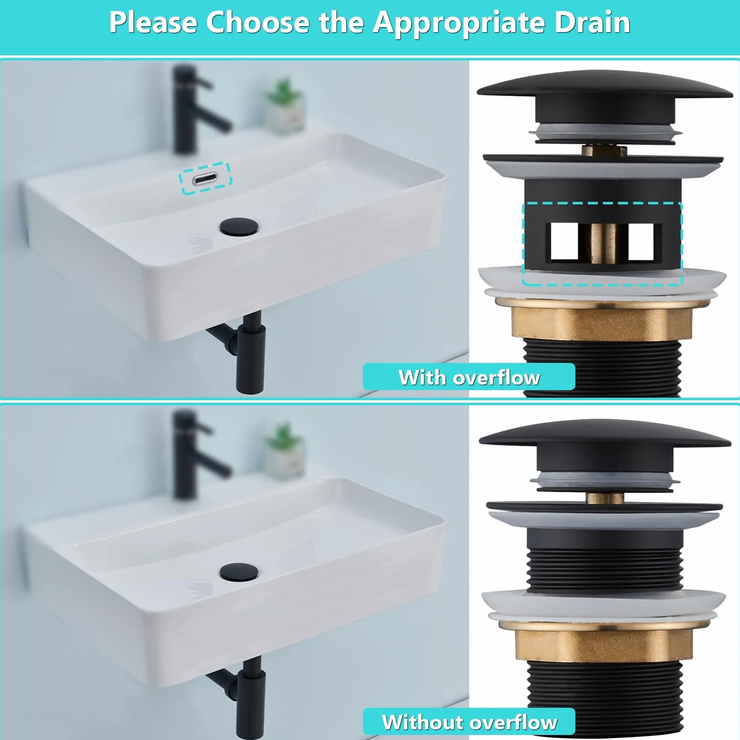 Sifón Lavabo Negro Universal con Desagüe sin Rebosadero, Altura Ajustable, Válvula Click Clack