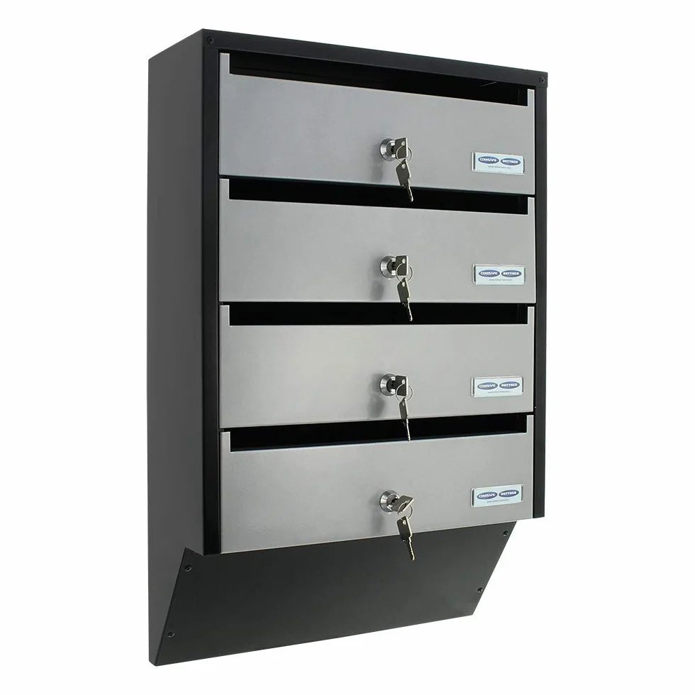 Rottner Depot - Sistema de 4 buzones de acero plateado y negro, cerradura de cilindro, 2 llaves cada una