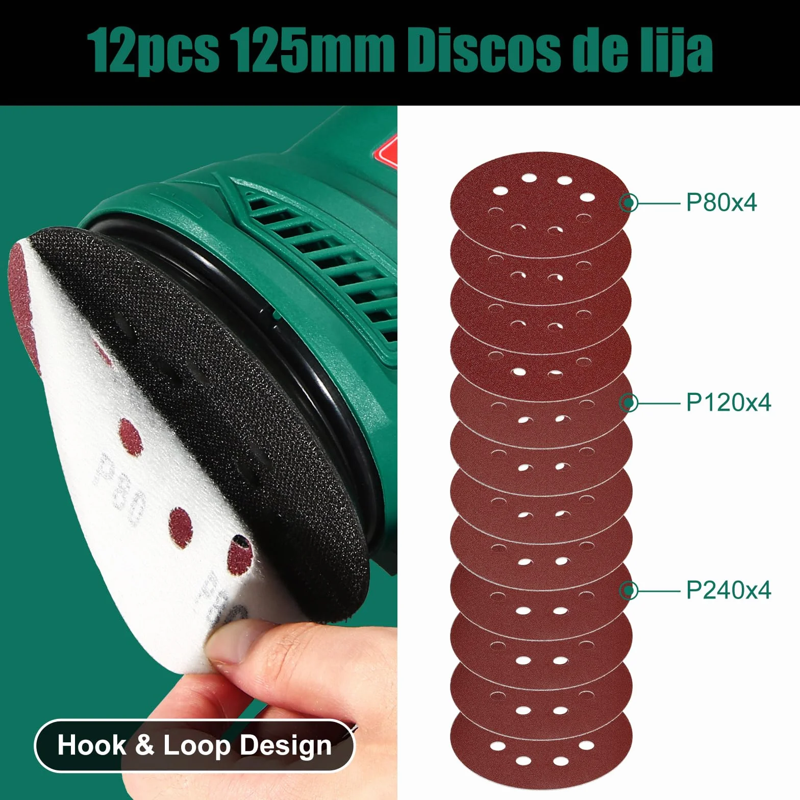 HYCHIKA Lijadora Orbital 300W, Lijadora Rotorbital con Motor de Cobre Puro, 6 Velocidad, 13000RPM, 12PCS Lija de 125mm (240/120/80 Grano), con Bolsillo Lavable de Recogida, para Lijar Madera y Metal