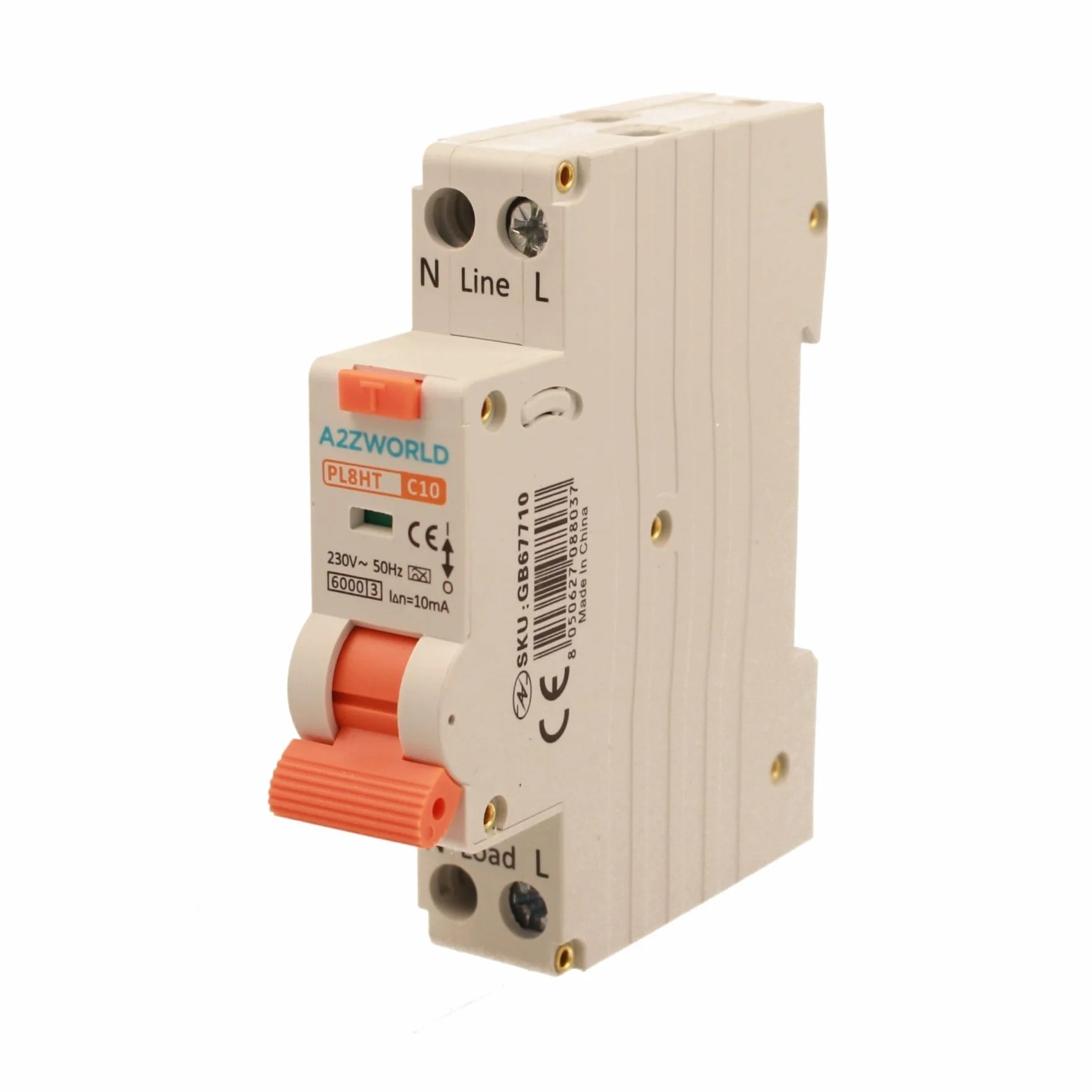 Interruptor diferencial magnetotérmico 10 mA para zonas húmedas, 10 A C10, RCBO tipo A curva C, 1 módulo DIN, 1P+N 6 kA 220 V, serie PL8HT profesional