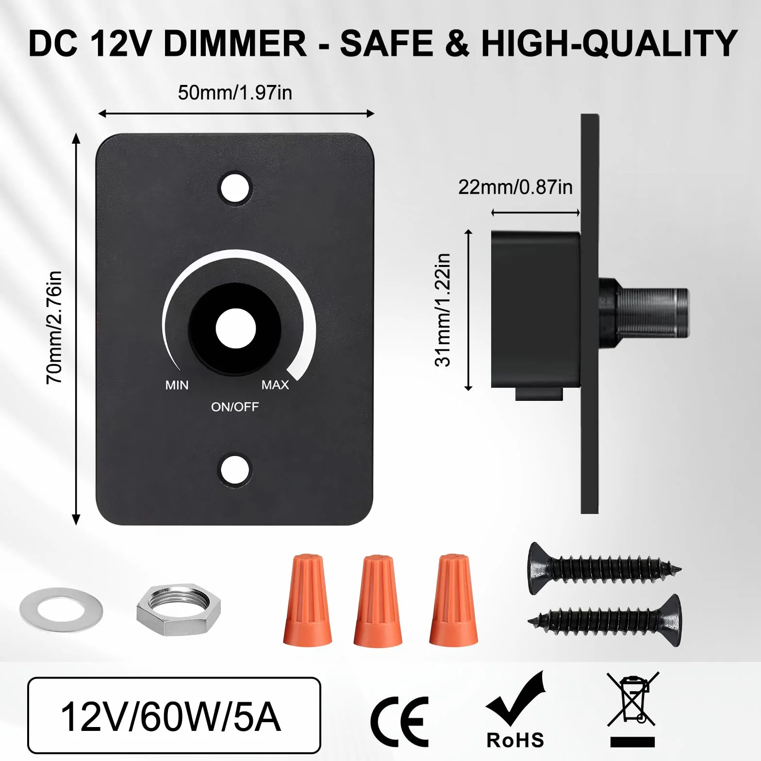 Regulador Intensidad LED DC 12V 5A PWM Dimmer Compatible con LED, incandescentes, halógenas etc, Interruptor Regulador de Luz Regulación de luz sin escalas, Fácil de instalar
