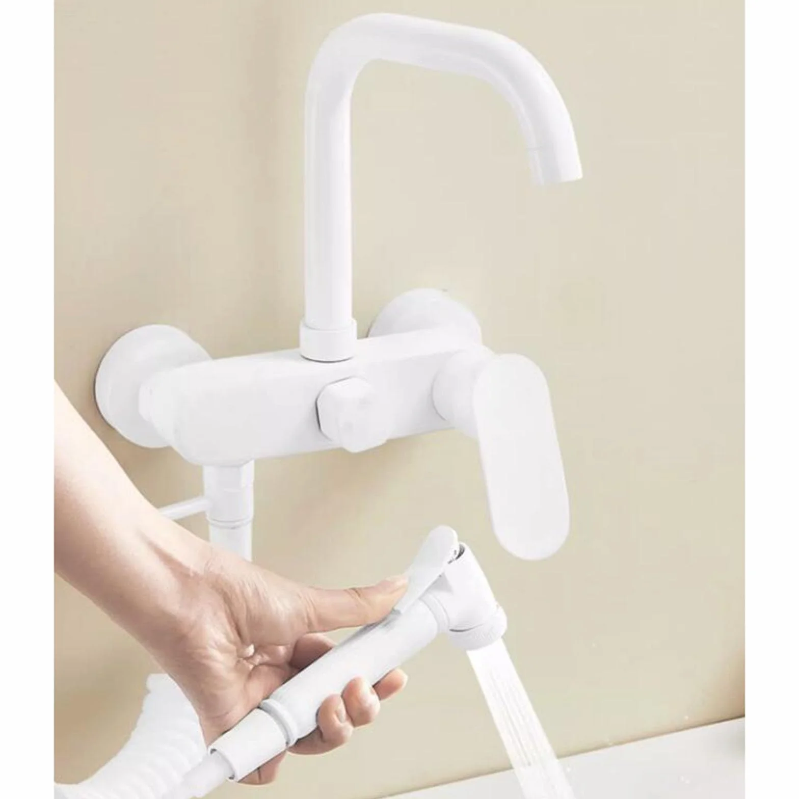 Grifo de Cocina Pared Blanco Pistola Telescópica Agua Fría y Caliente Giratoria Latón Grifo Fregadero Cocina Pared