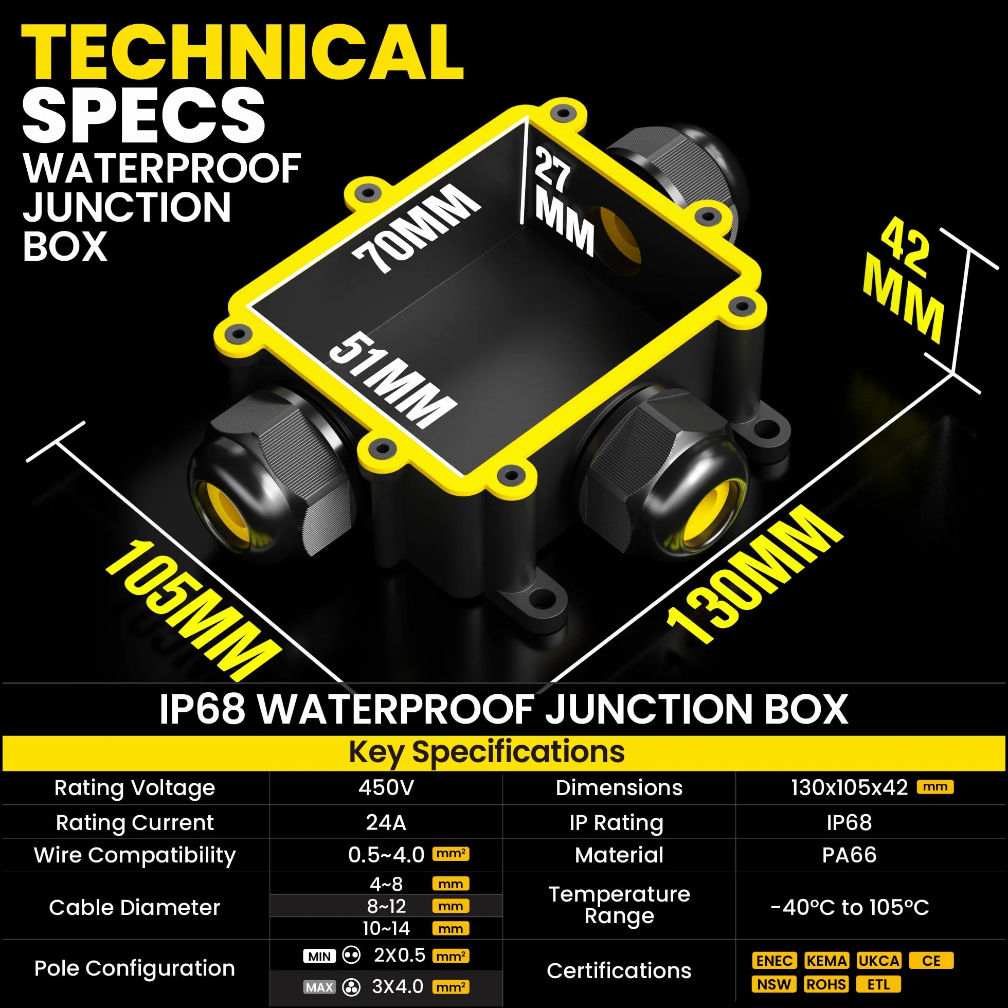PEBA Cajas de Conexiones Impermeable IP68, 3 Vías Cajas de Empalmes Conector de Cables, Jardín Interior Exterior Subterráneo Cajas Conexiones, Diámetro de 4-14 mm