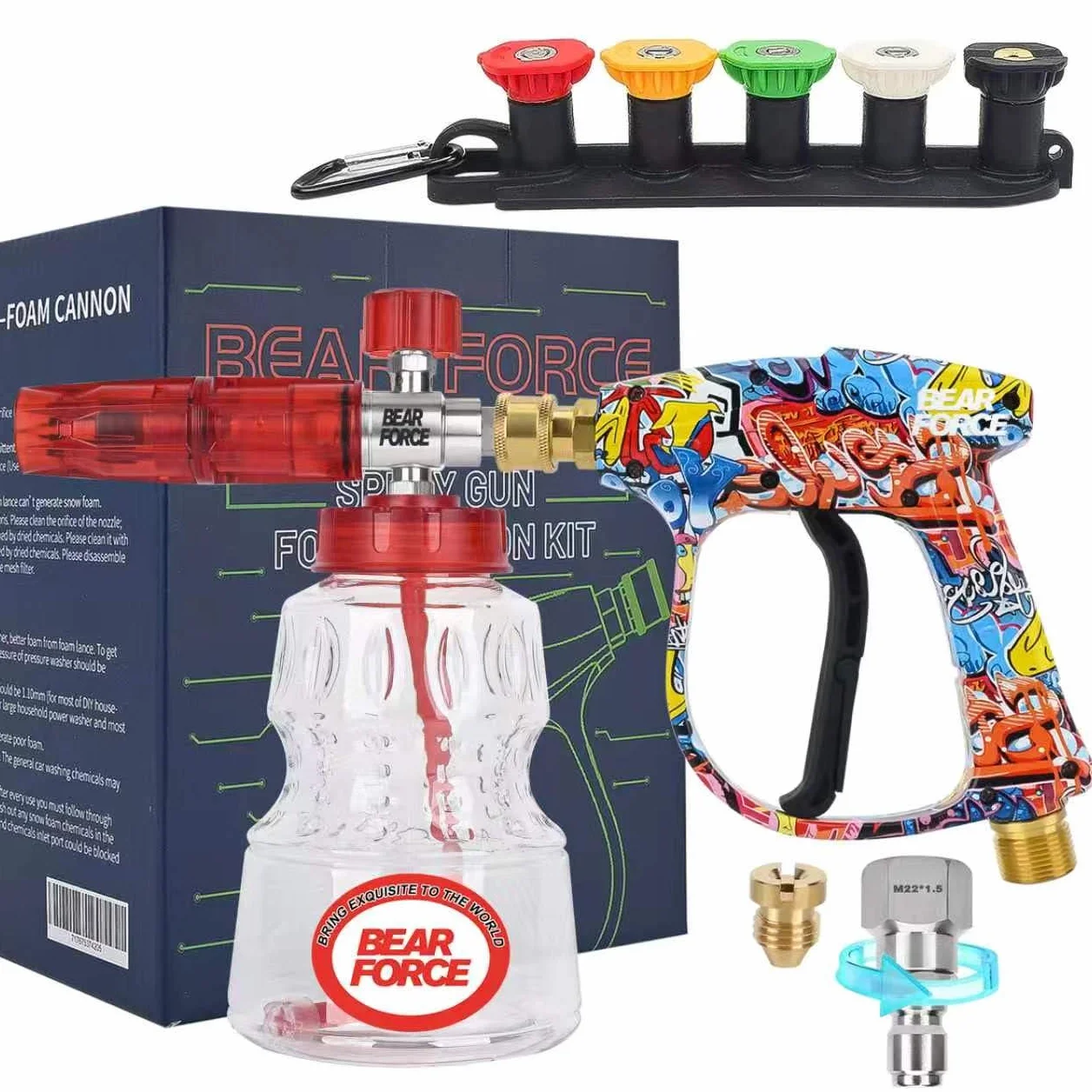 BEAR FORCE Pistola de pulverización para lavadora a presión, pistola corta con entrada M22 de 14 mm y pistola de espuma de cañón de espuma con 5 boquillas #035 y conector rápido de 3/8 pulgadas