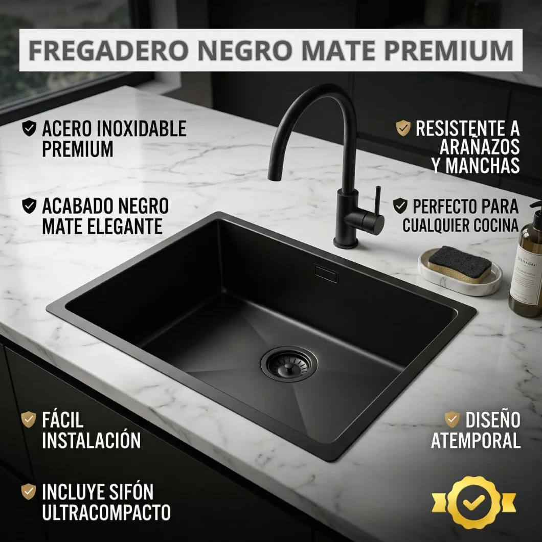 AZERODESIGN-Fregadero-Fregadero cocina-Fregadero cocina 1 seno-Fregaderos modernos para cocina-Fregadero sobre encimera-Fregadero bajo encimera-Fregaderos modernos (NEGRO MATE, 440 X 440 MM)