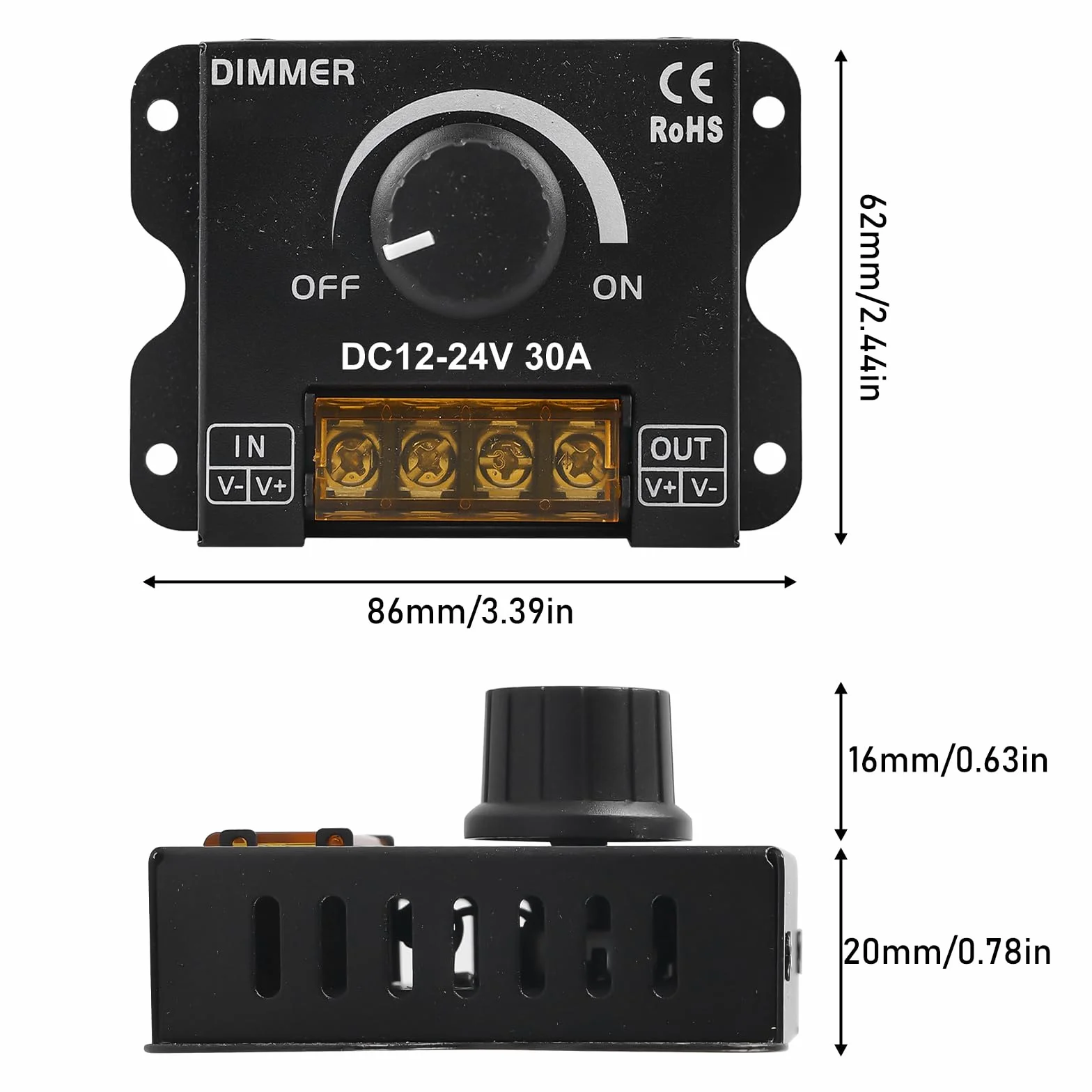 4 reguladores LED DC 12 V 24 V para tiras LED, 30 A 12 V, regulador de intensidad PWM LED, botón de atenuación para ajustar el brillo, regulador de brillo para banda de luz