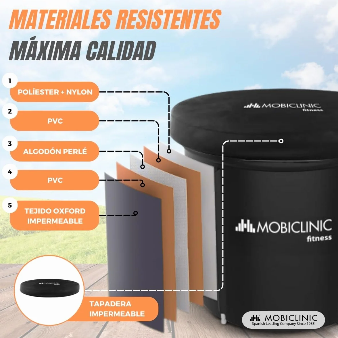 Mobiclinic® Fitness, Bañera de Hielo, 350l, Recuperación Muscular, para Deportistas, 83x83x75cm, Artic, Portátil, Terapia Dual, Bolsa Transporte, Cojín Inflable y Tapa, Borde