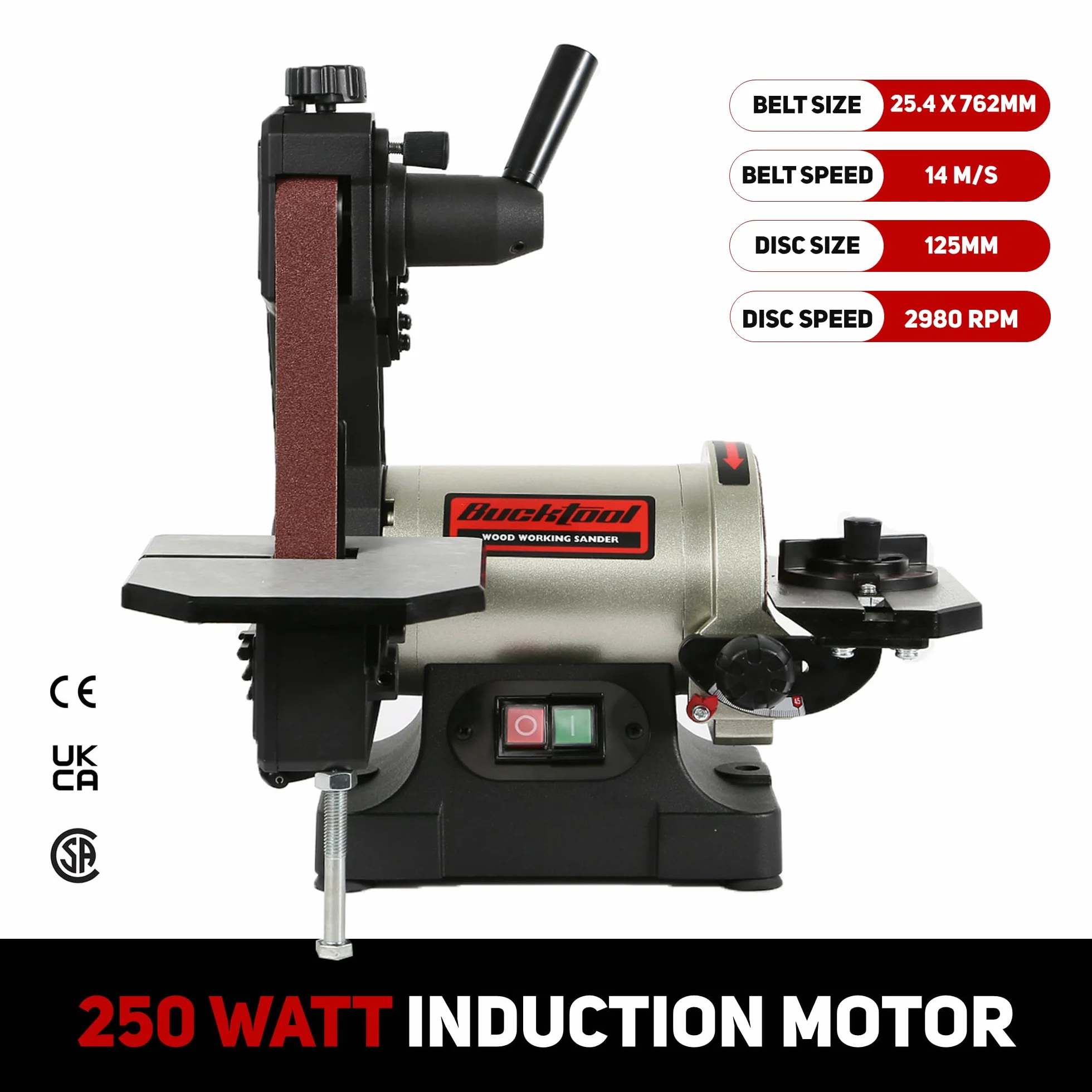 BUCKTOOL Lijadora de banda de banco de 250 W, correa de 25,4 x 762 mm y llave de disco de 127 mm, almacenamiento y cubierta de correa fácil de quitar, lijadora de disco de banda de mesa de
