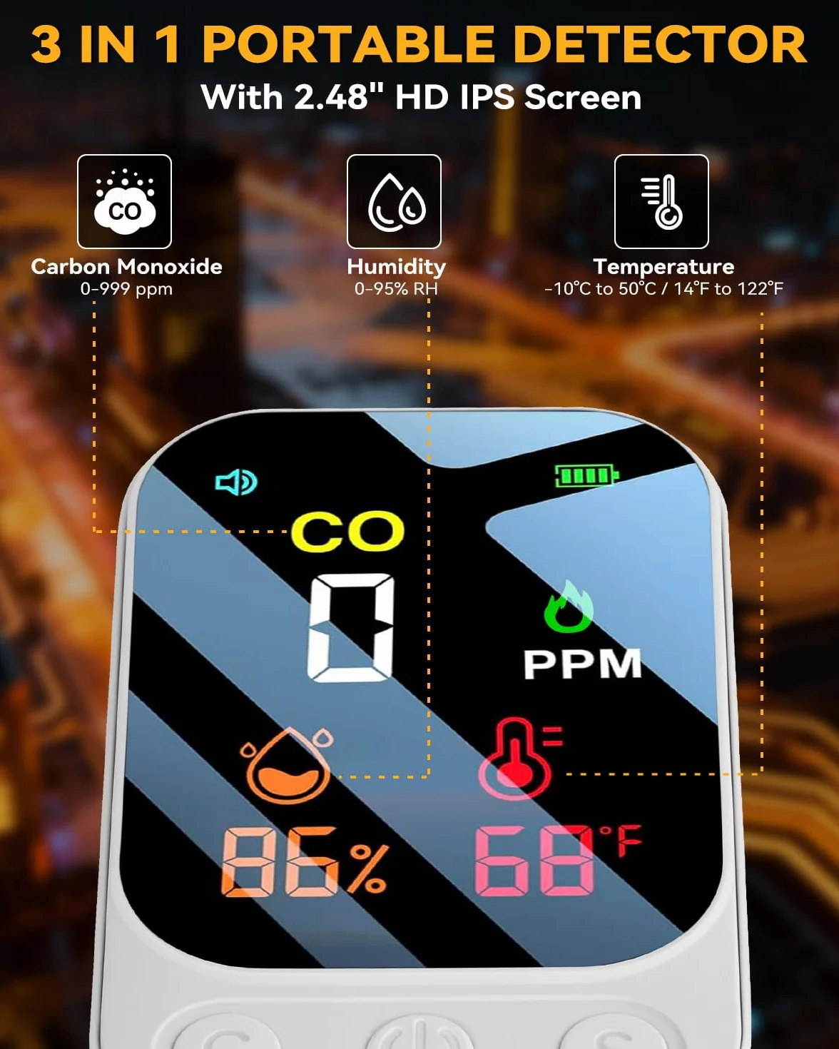 3 en 1 Detector Monóxido de Carbono Alarma De Monóxido Co Portable Carbon Monoxide Detector con Temperatura Humedad Alarma Audible y Visual para Viajes en Casa Camping Autocaravana
