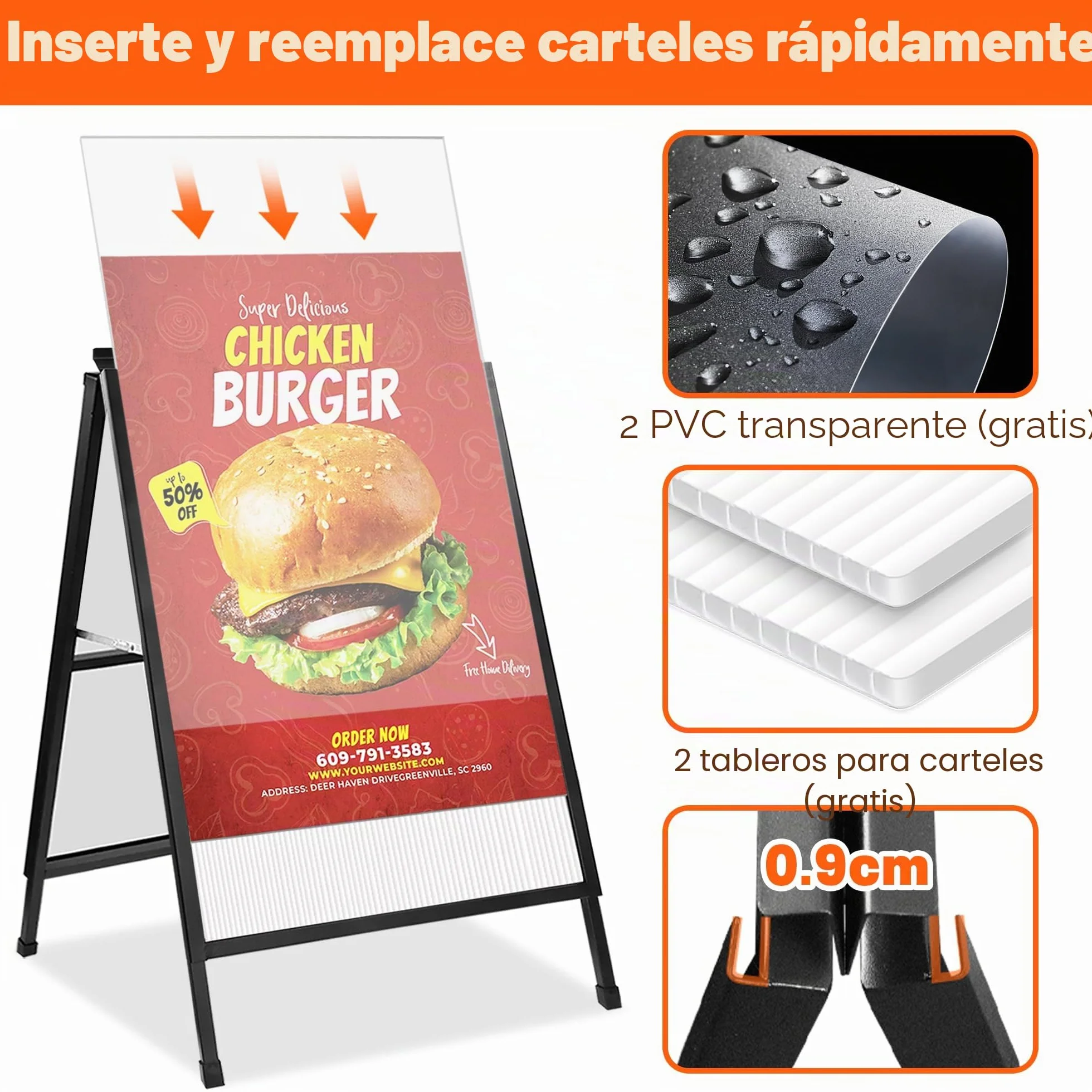 Marco de letrero de pavimento A1 A-Board doble cara, soporte de póster resistente con hojas de plástico corrugado para publicidad exterior