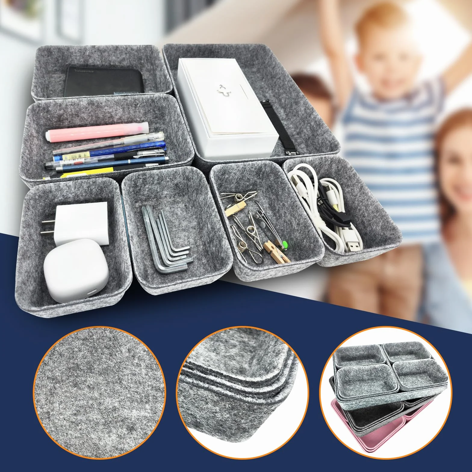 Organizador de Cajones de Fieltro 7 Piezas Flexible Gris Claro para Oficina