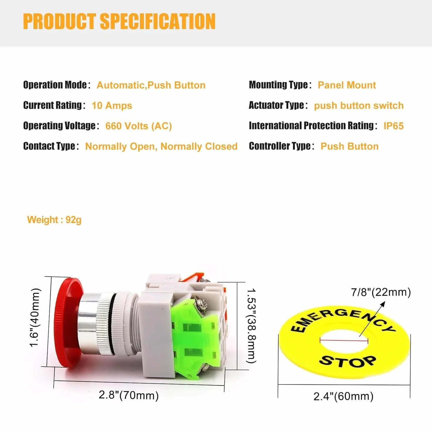 TECHZOCO Interruptor de Botón de Presión para Parada de Emergencia, Seta Pulsador Emergencia, Botón para Emergencia, Instalación orificio de apertura 22 mm, NO + 1 NC DPST, 660V 10A