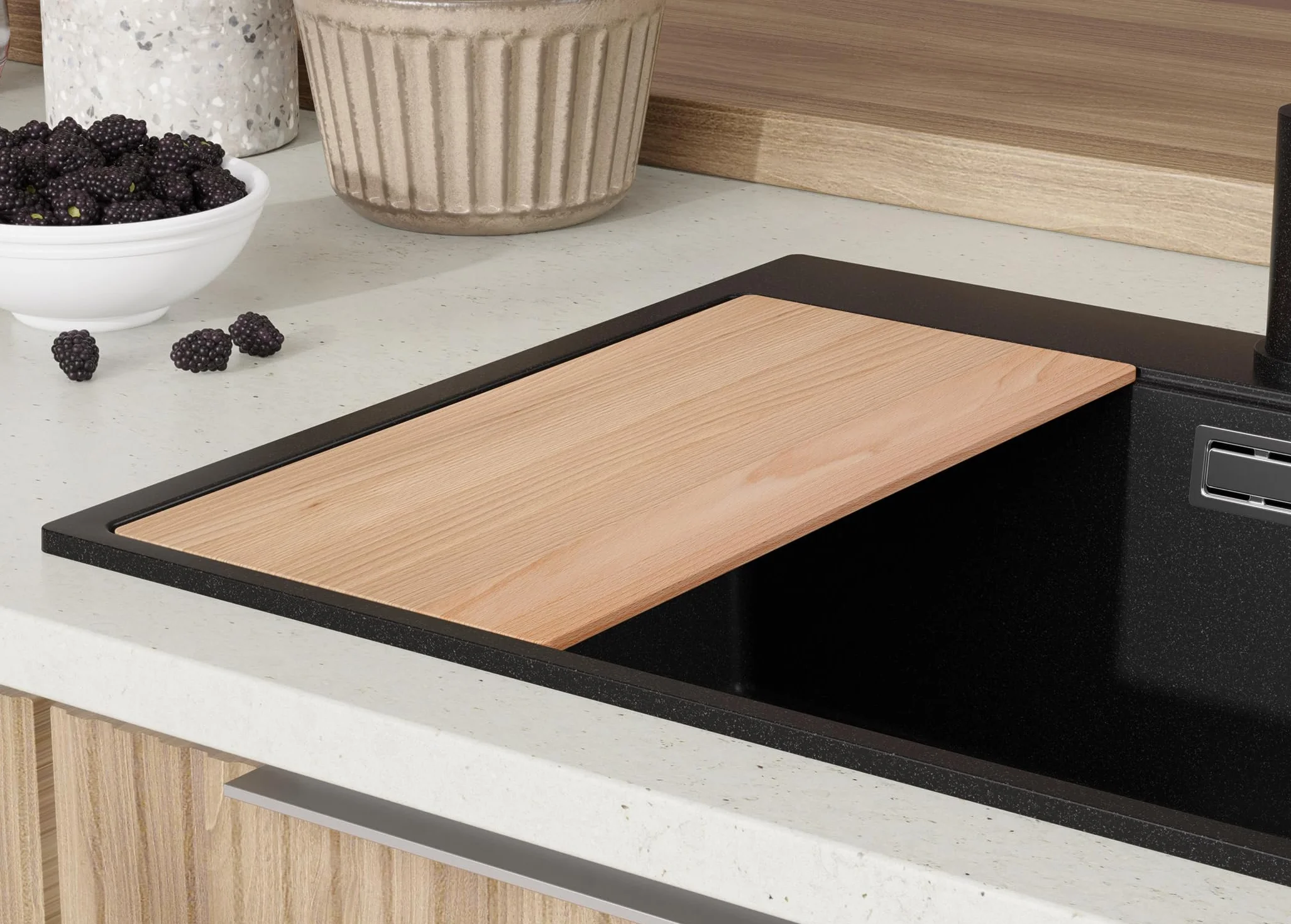 PRIMAGRAN Fregadero Granito Todo Negro 78x50cm, Cocina 2 Senos + Grifo 40x38cm + Sifón + Tabla de Cortar, Sobre Encimera al Mueble 80cm - Oslo Duo Top S100