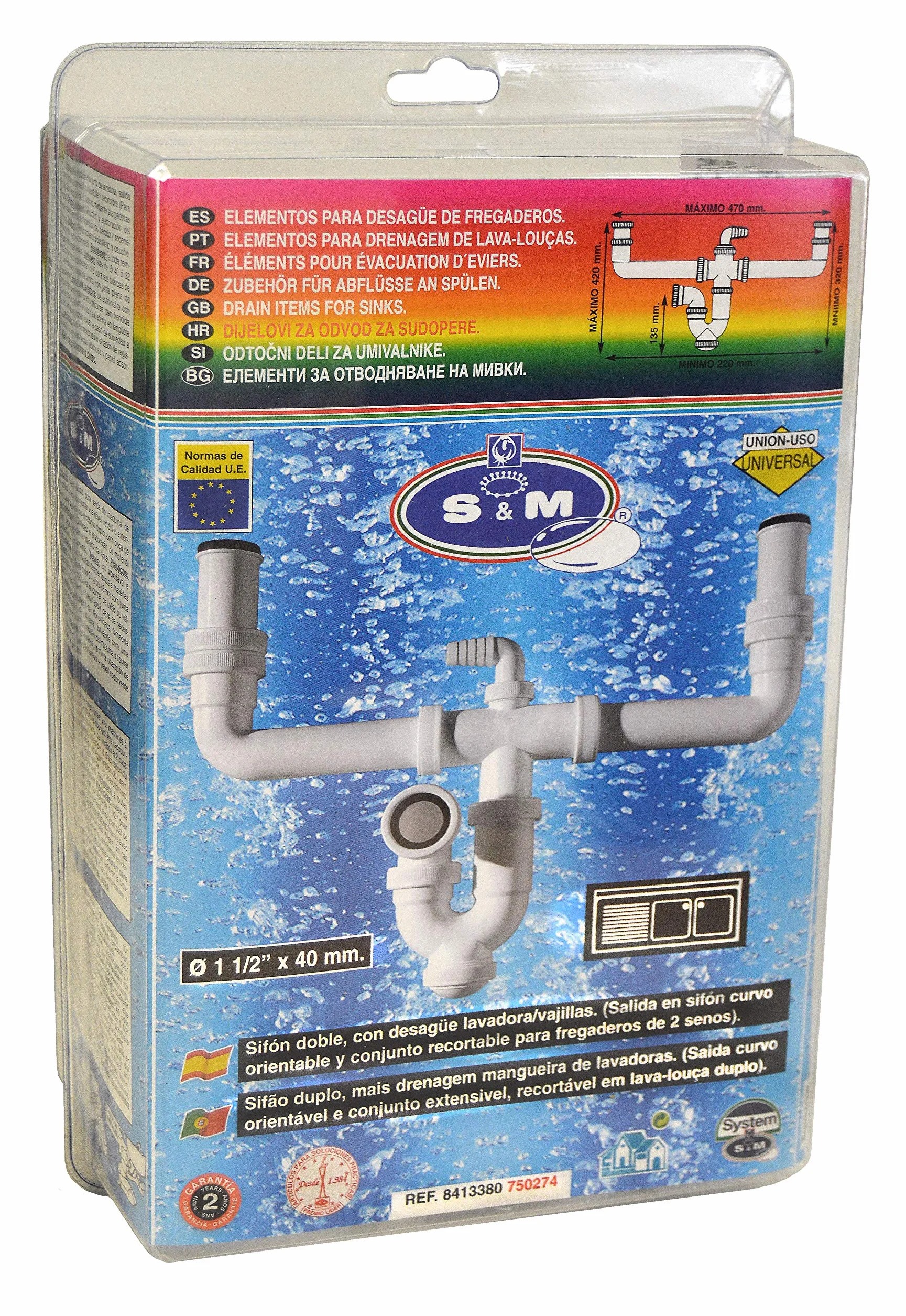 S&M 750274 Sifón Doble Curvo con desagüe lavadora/lavavajillas Ø 1 ½” x 40 mm
