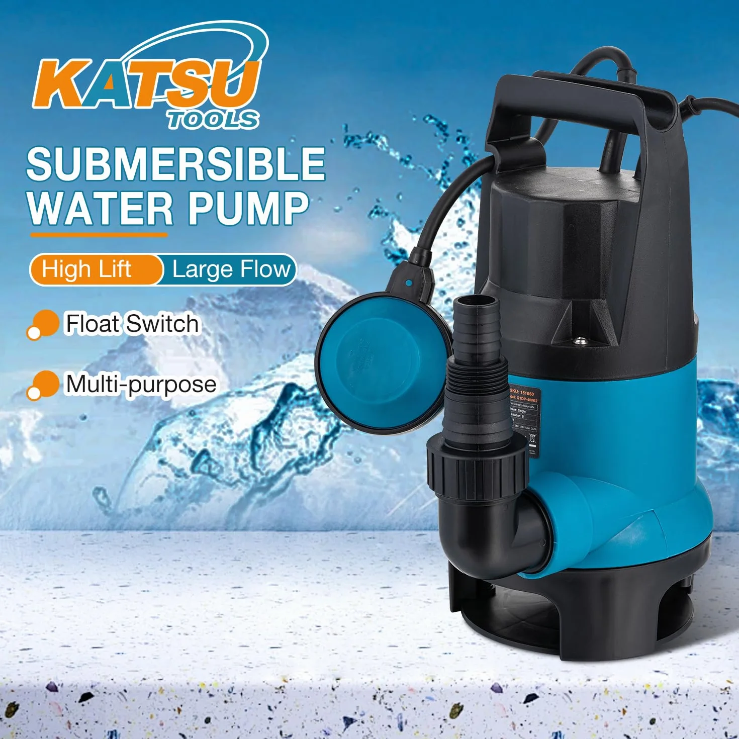 KATSU Tools Bomba de agua sumergible portátil de 400 W para agua limpia y sucia, bomba eléctrica para estanques de jardín, piscinas y zanjas