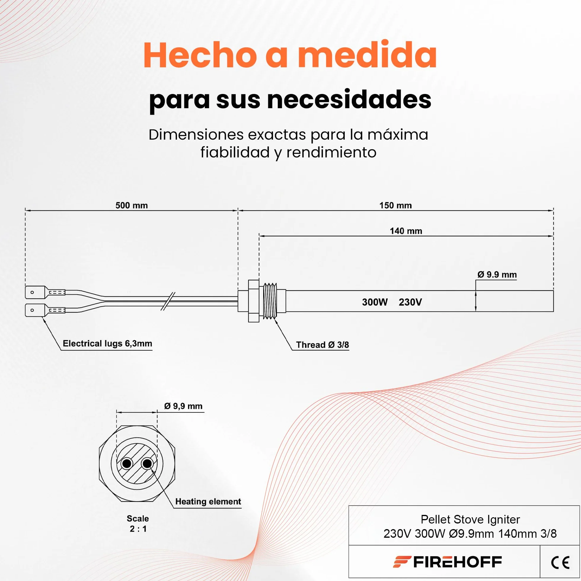 Bujía para estufa de gránulos, 300 W, 140/150 mm, diámetro 9,9 mm, rosca 3/8 con orejetas