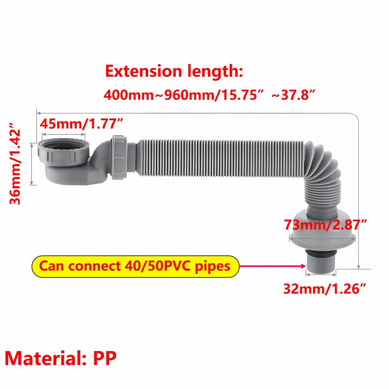 Qrity Tubo de Drenaje de Bañera Extensible 400mm-960mm Trampa de Perfil Bajo