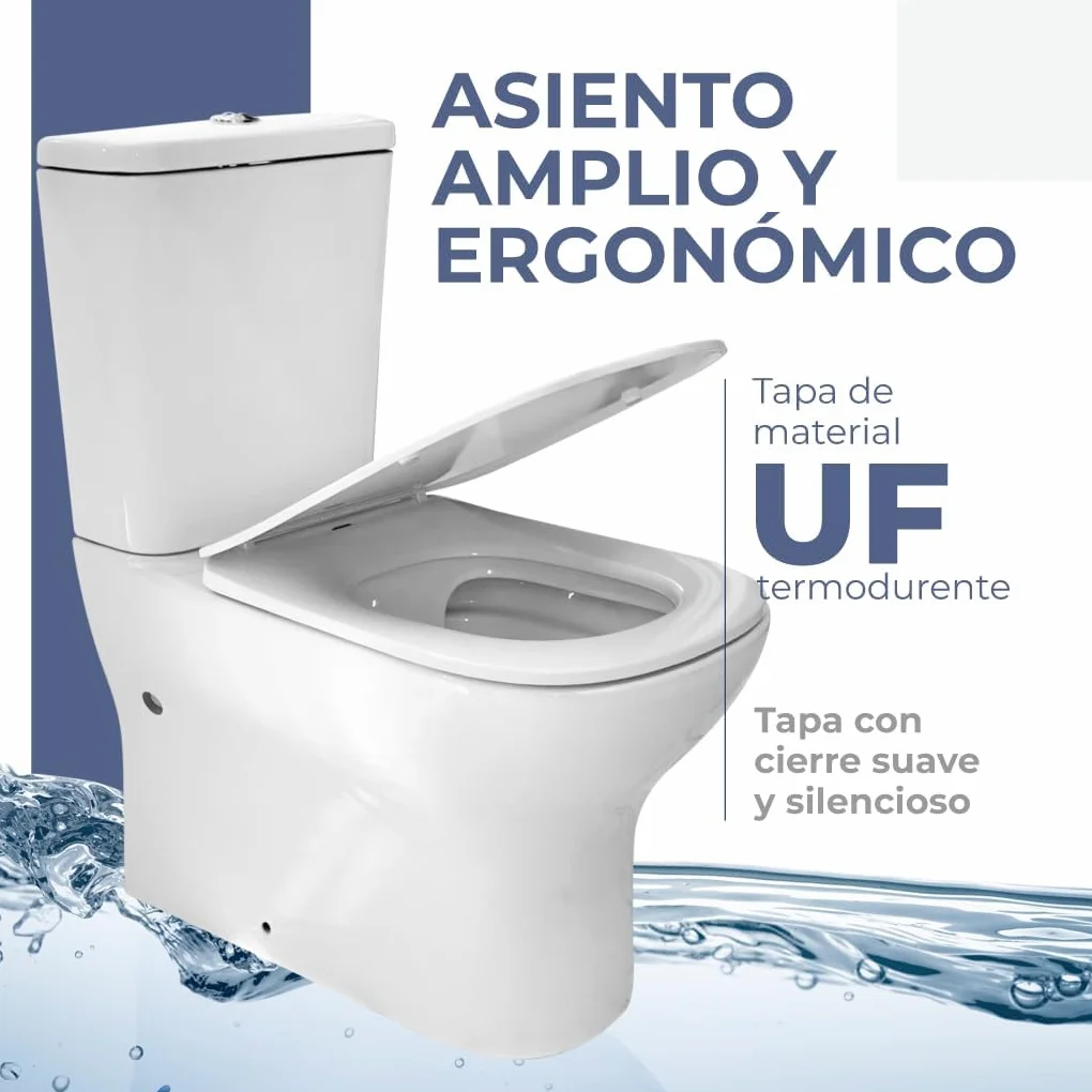 Inodoro Completo, PRAGA Adosado a pared completo con Taza Rimless | Incluye Cisterna con Mecanismo ECO y Tapa Amortiguada de UF