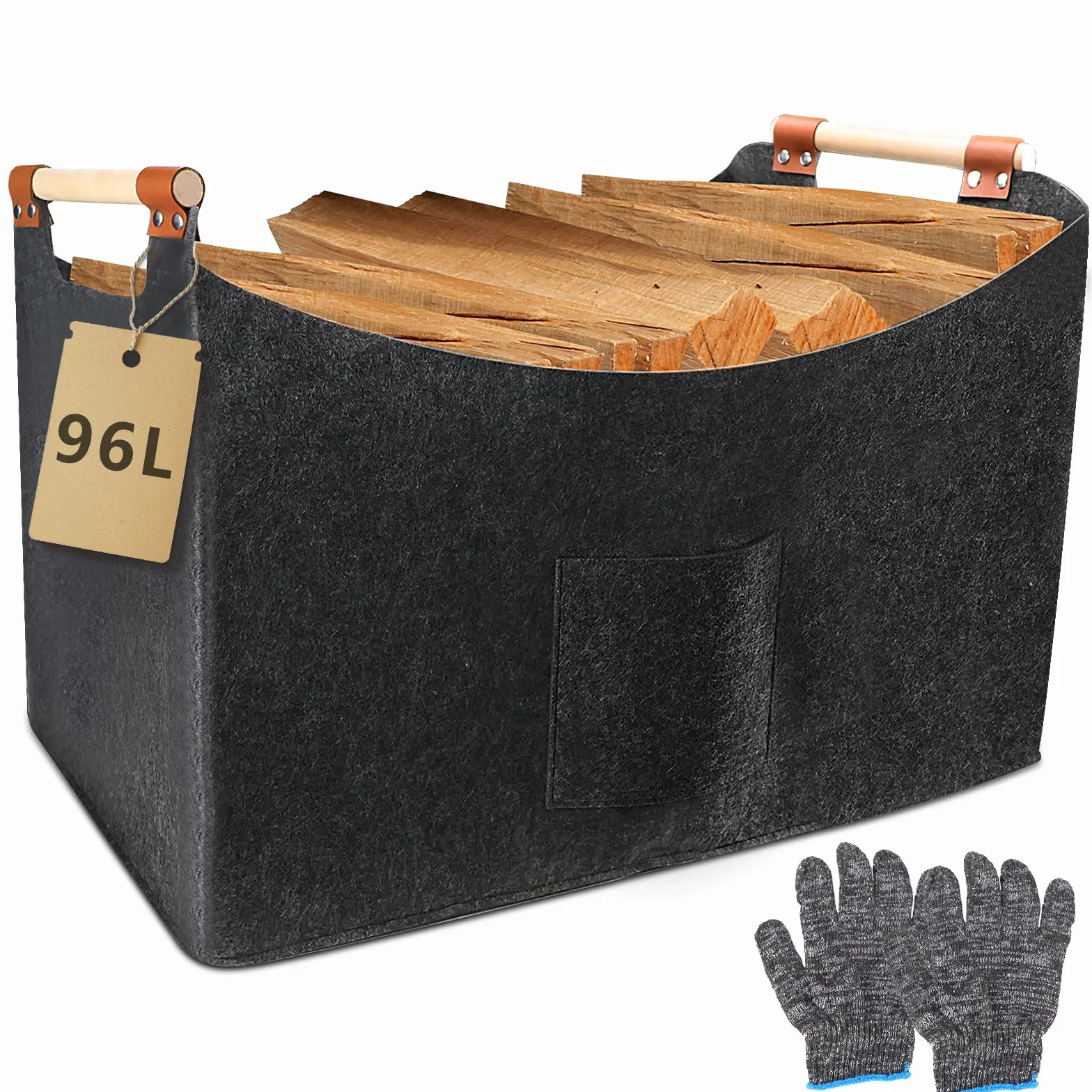 Cesta de madera para leña grande, de fieltro, XXL (96 L, 60 x 40 x 40 cm), plegable, fieltro extragrueso con mango de madera y guantes, para compras y leña, color gris oscuro (96 L)