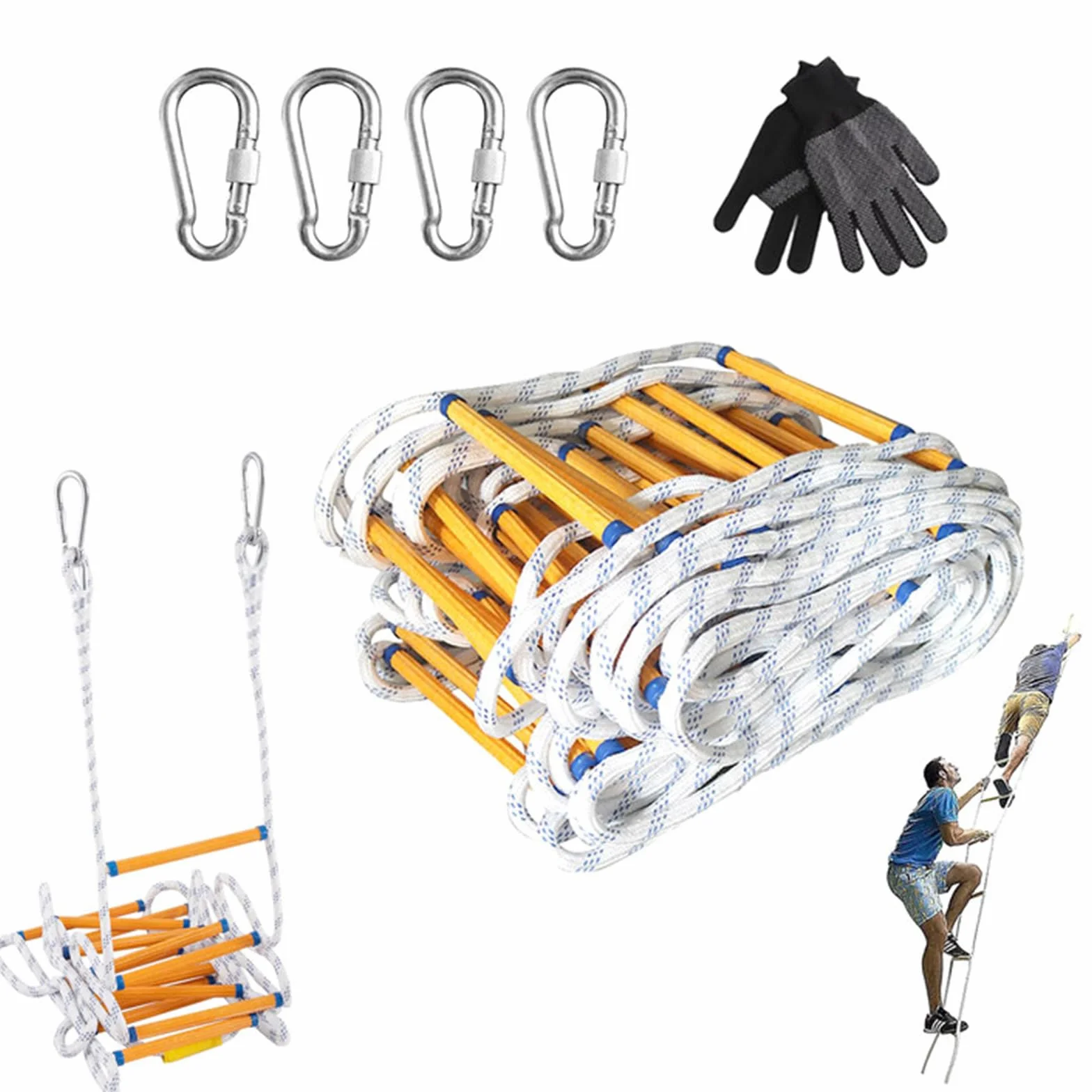 Escalera de Cuerda de Escape de Incendio, 3M Escalera de Escape de Emergencia con Mosquetón y Guantes, Carga de 200KG, Escalera de Seguridad contra Incendios para Emergencia Evacuación Rescate