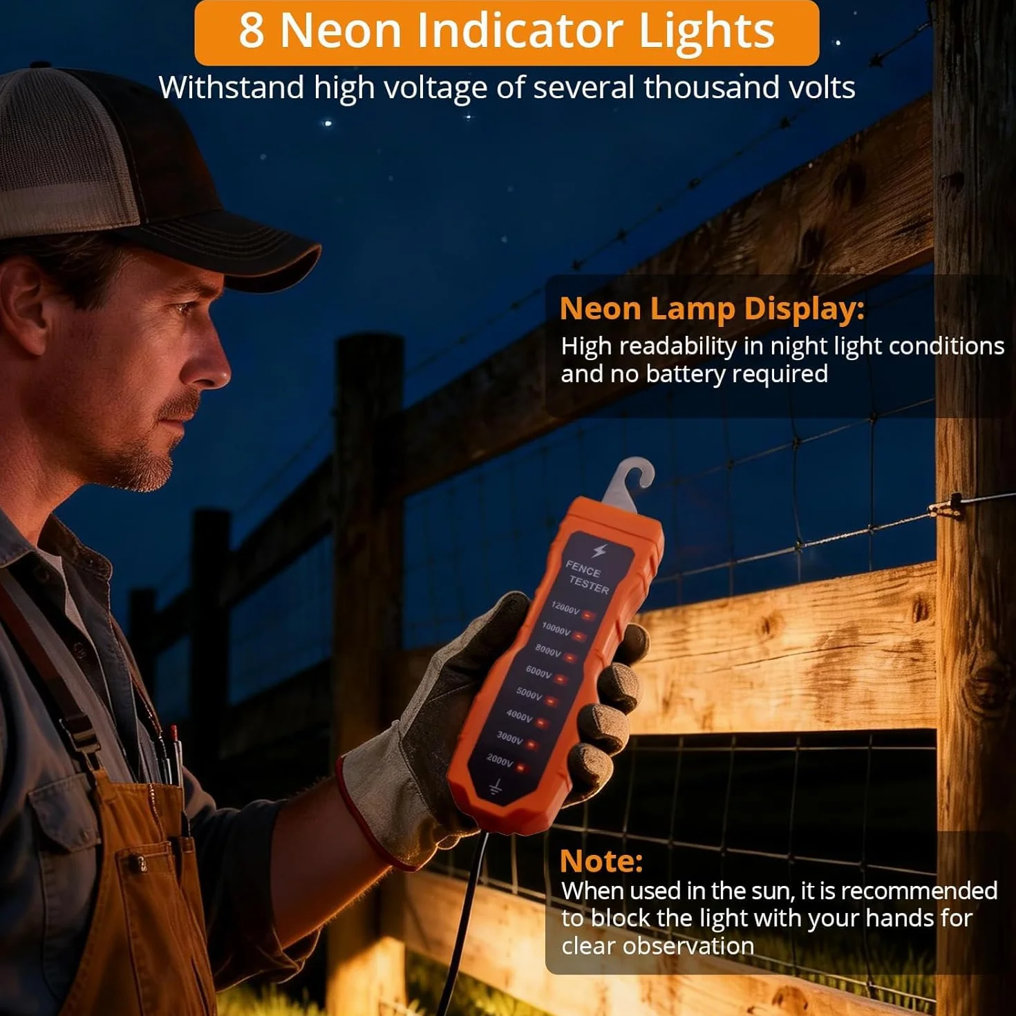 Neoteck Probador de Voltaje de Cerca Eléctrica 12KV 2000-12000V Medidor de Voltaje de Cerca de Neón con 8 Luces Indicadoras para Diagnosticar Fallos en Cercas de Ranchos y Granjas