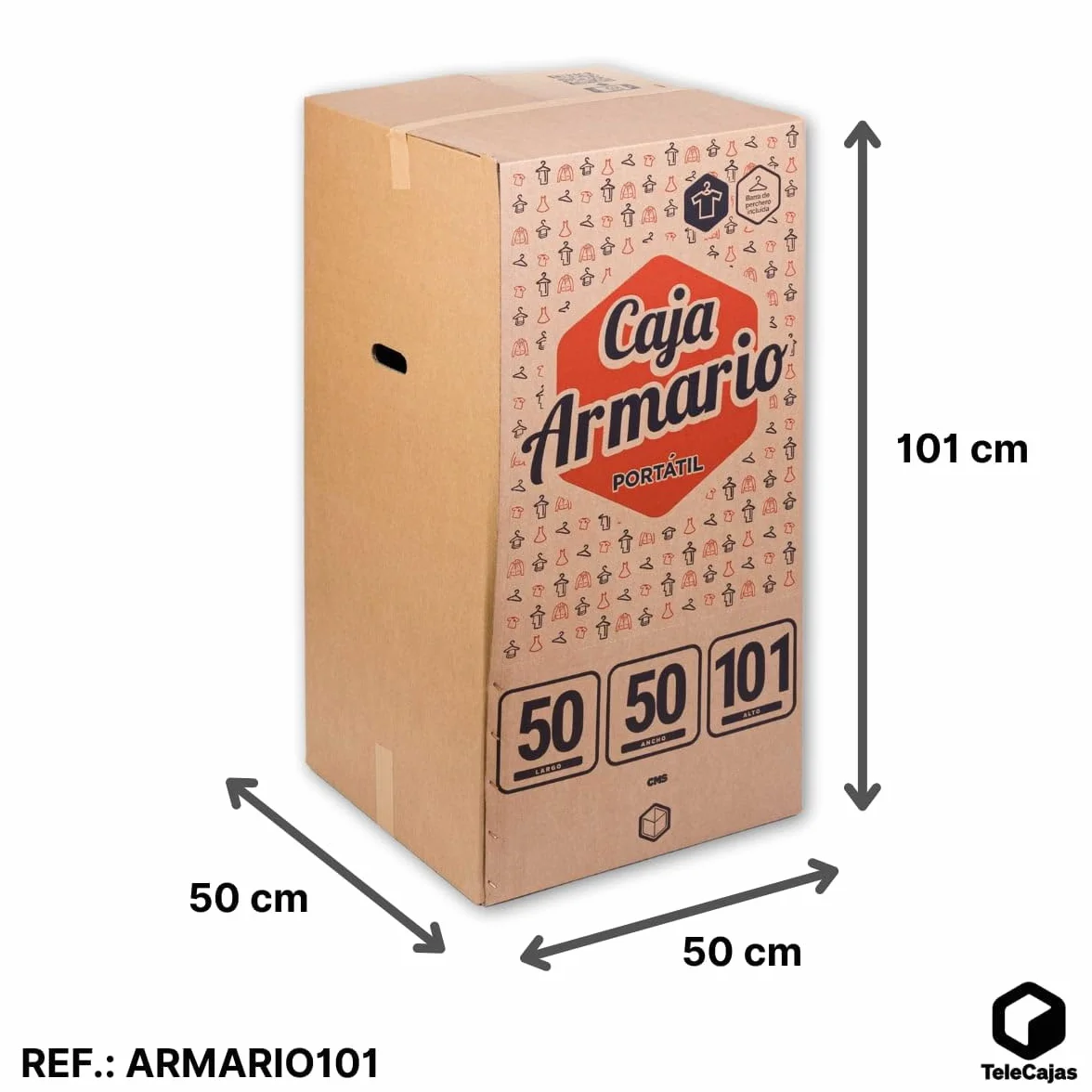 TELECAJAS | Caja Armario Portátil 50x50x101 cm de Cartón Doble | Ideal para mudanzas, trasteros o Viajes | Fácil Montaje con Barras Perchero y Cinta Adhesiva de Regalo Incluidas | Pack de 2 Armarios