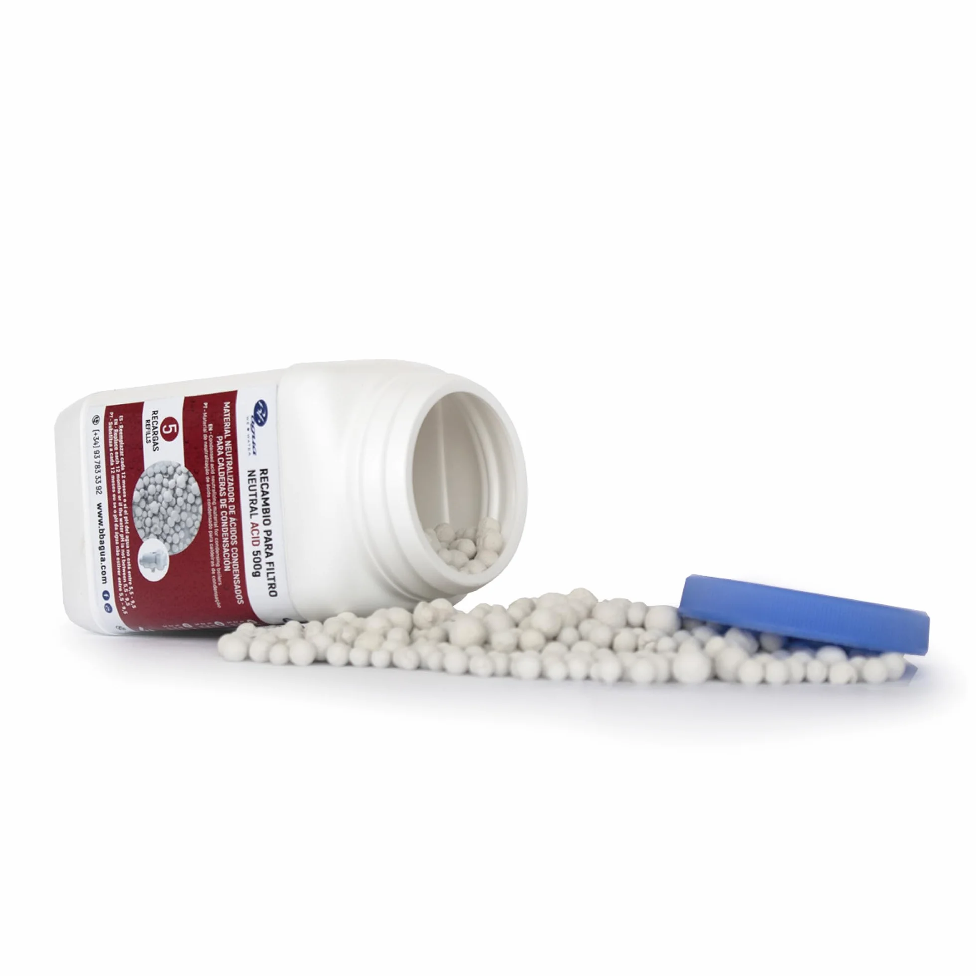 Material Neutralizador de Ácido Condensados para Caldera de Condensación. Recambio para Filtro Neutral Acid de la marca Bbagua. Envase de 500 Gramos. Bbagua.