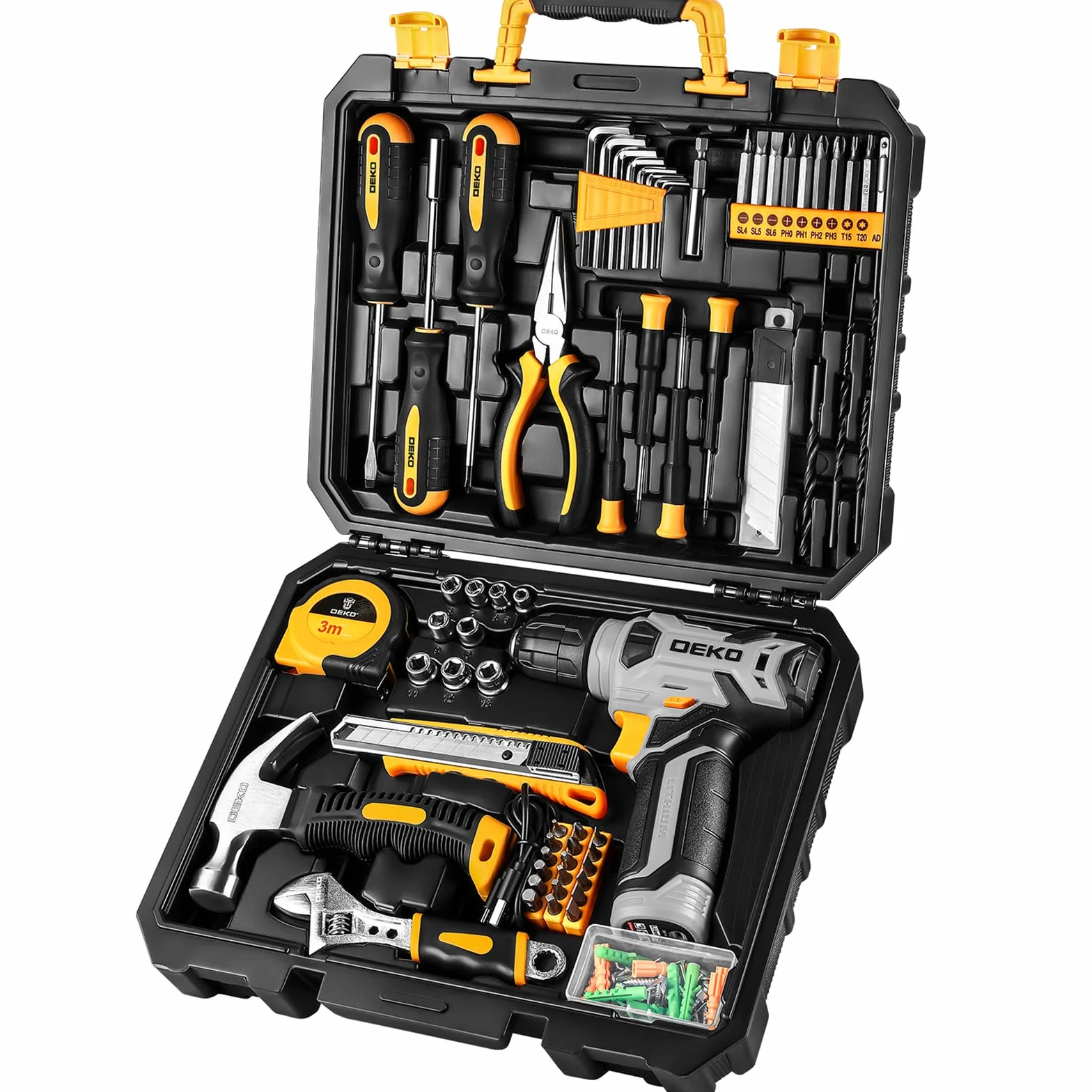 DEKO Maletin de Herramientas 126 Piezas con Destornillador Electrico Taladro 8V Gris