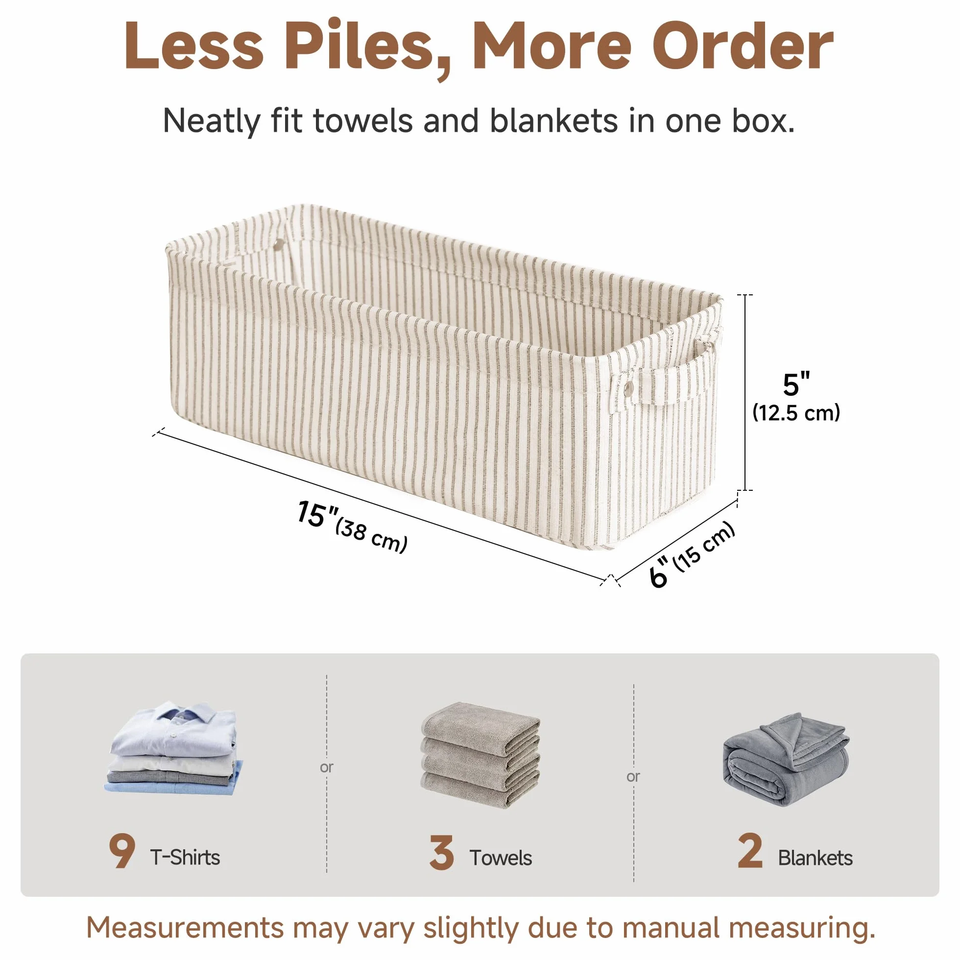 StorageWorks Cestas de almacenamiento estrechas, cajas largas con asas para organizar el armario, pack de 2, rayas beige