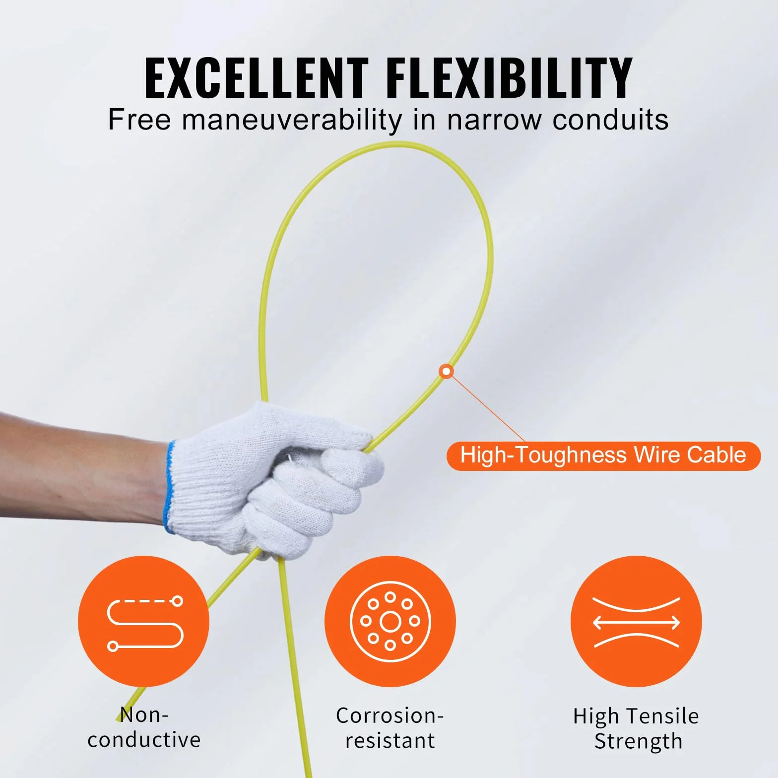 VEVOR Cinta de Pesca de 60,96 m, Diámetro de 4,7 mm, Extractor de Cables de Fibra de Vidrio con Carcasa y Mango, Herramienta Extractora de Cables para Paredes y Conductos Eléctricos, no Conductor