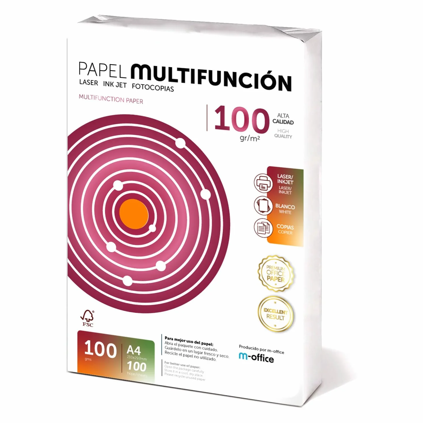 Papel Multiusos A4 100gr 100 Hojas, Folios para Impresoras Laser e Inyección, Fotocopiadora, Fax, Oficina