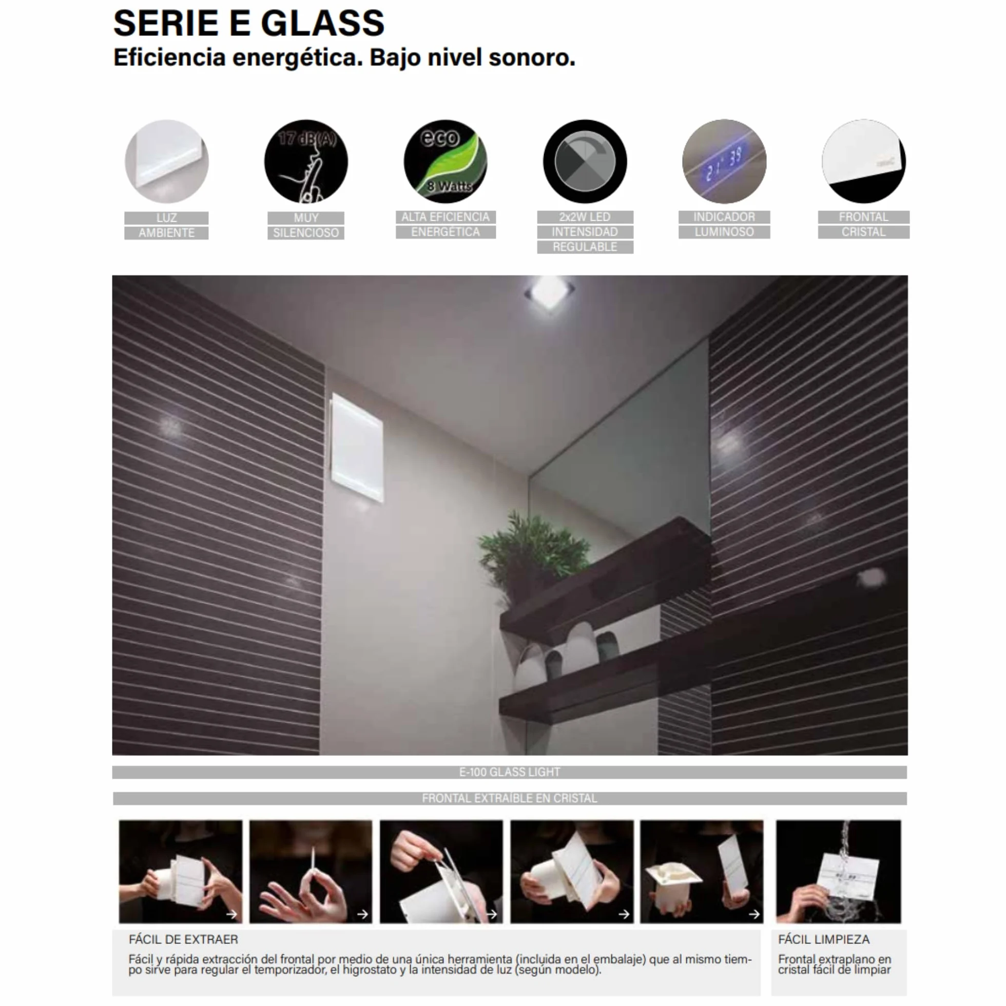 Cata e 100 GT Modelo E-100 baño silencioso, Serie e Glass, Bajo Consumo, Ventilador Extractores de aire, Alta Eficiencia Energética, 8 W, 230 V, Cristal Blanco