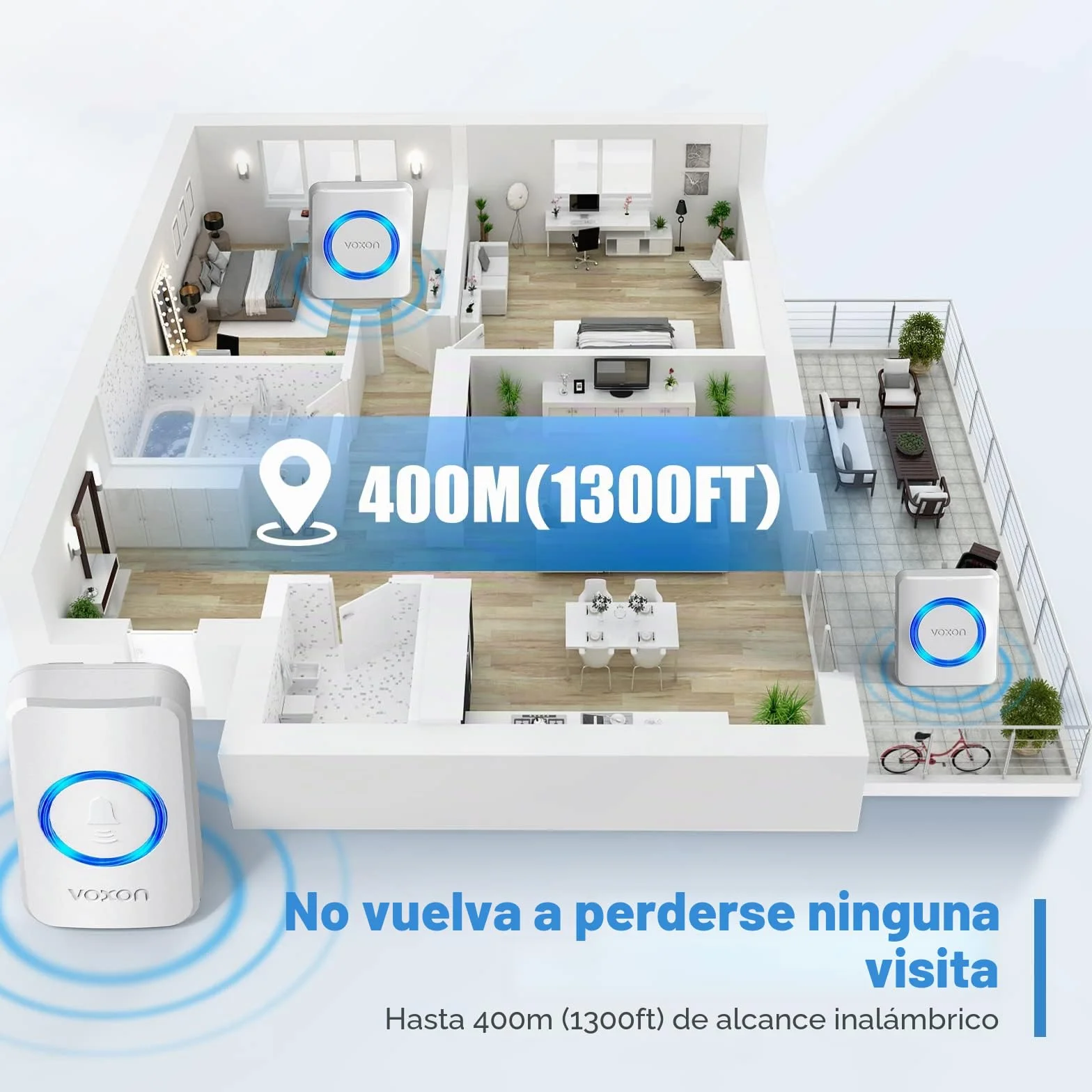 VOXON Timbre Inalámbrico, Alcance de 400m, Conjunto de Timbre con 2 Receptores, Resistente al Agua IP65 para Exteriores, Timbre de Puerta con Luz LED, 5 Niveles de Volumen, 60 Melodías