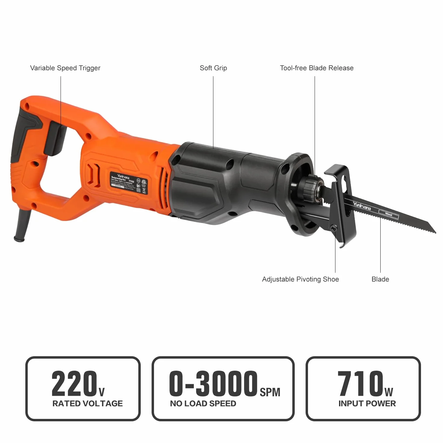 Yunirvana Sierra de Sable 710W, 3000 SPM Velocidad Variable, para Cortes Precisos en Madera, Metal y Muchos otros Materiales, Cambio de Hoja sin Herramientas ITDYYC77112