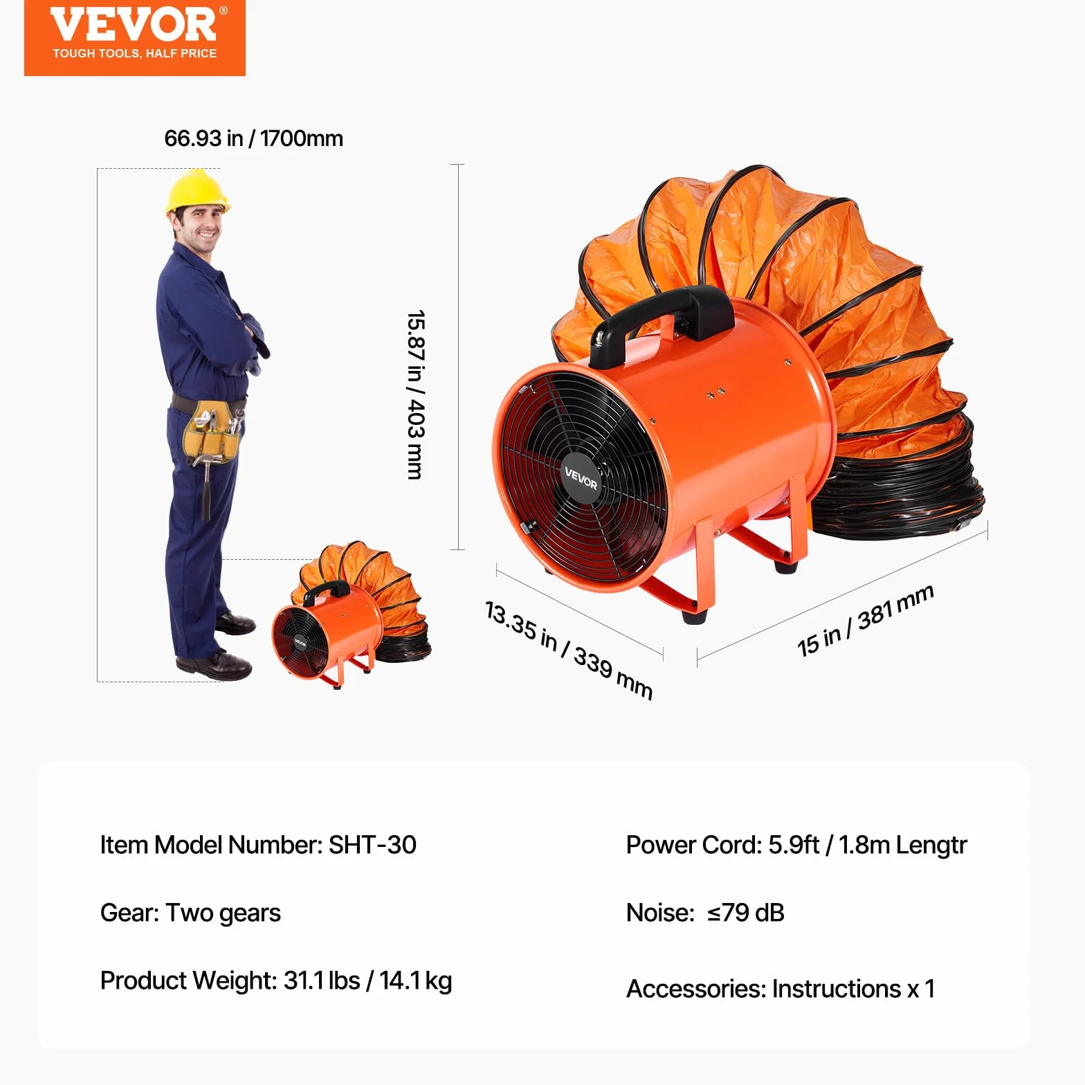 VEVOR Ventilador Extractor Industrial 365 W Extractor de Aire Conducto 304,8 mm Manguera de Extracción 10 m Volumen de Aire de 4373 m3/h Extractor de Aire 2 Engranajes para Extracción de Polvo y Humo