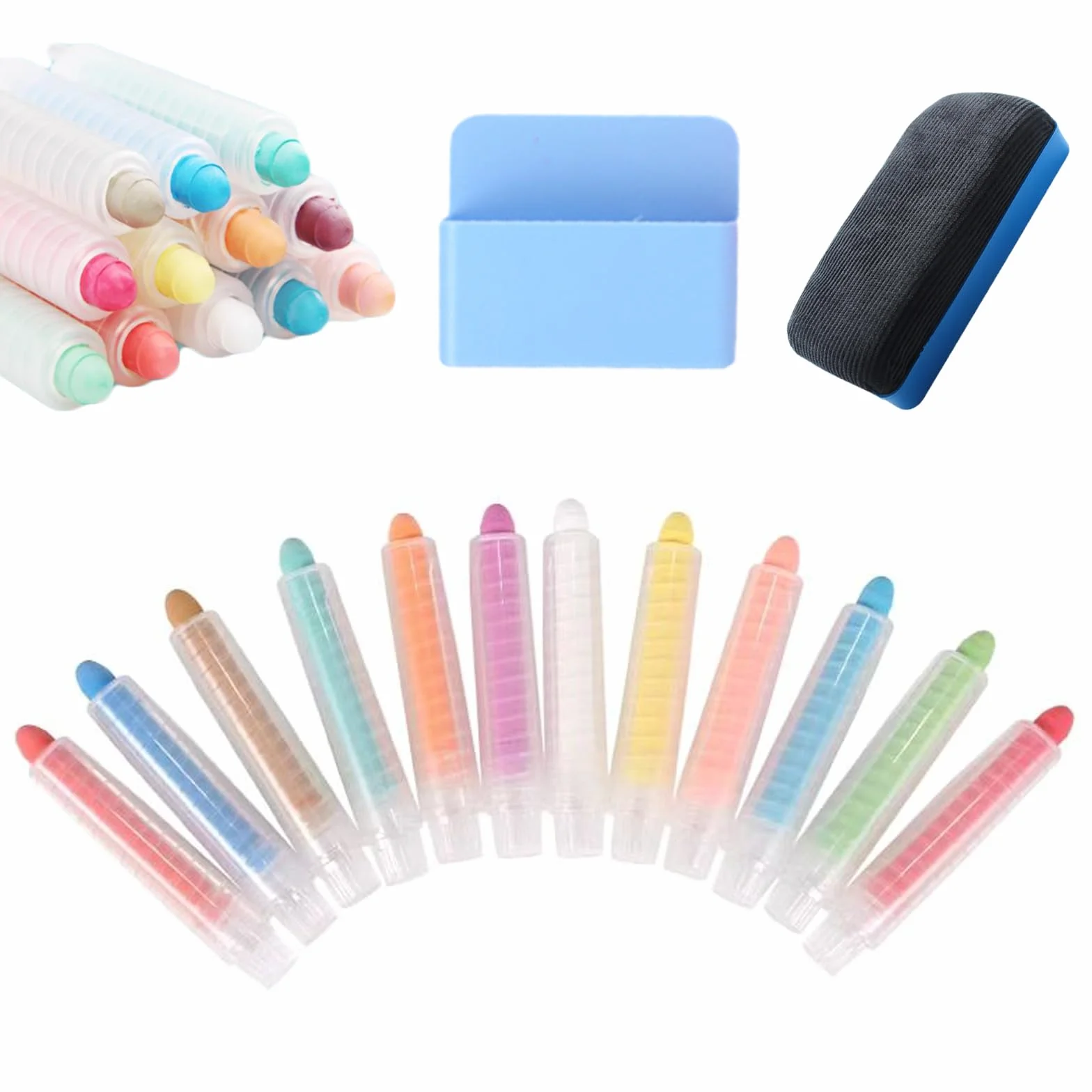 12 Lápices de Tiza de Color sin Polvo para Niños, Tiza Lavable No Tóxica con Soporte Magnético y Borrador