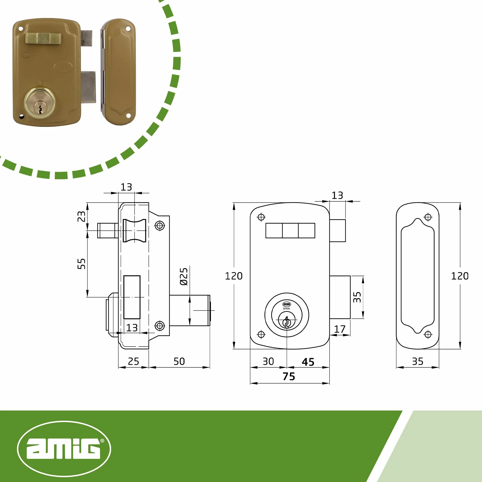 Amig - Cerradura de Sobreponer de Derecha con Palanca de Cierre, Lengüeta y Tirador para Puertas de Madera Mod. 75U - 76 x 120 mm - Cilindro Redondo de Seguridad - Acero Dorado