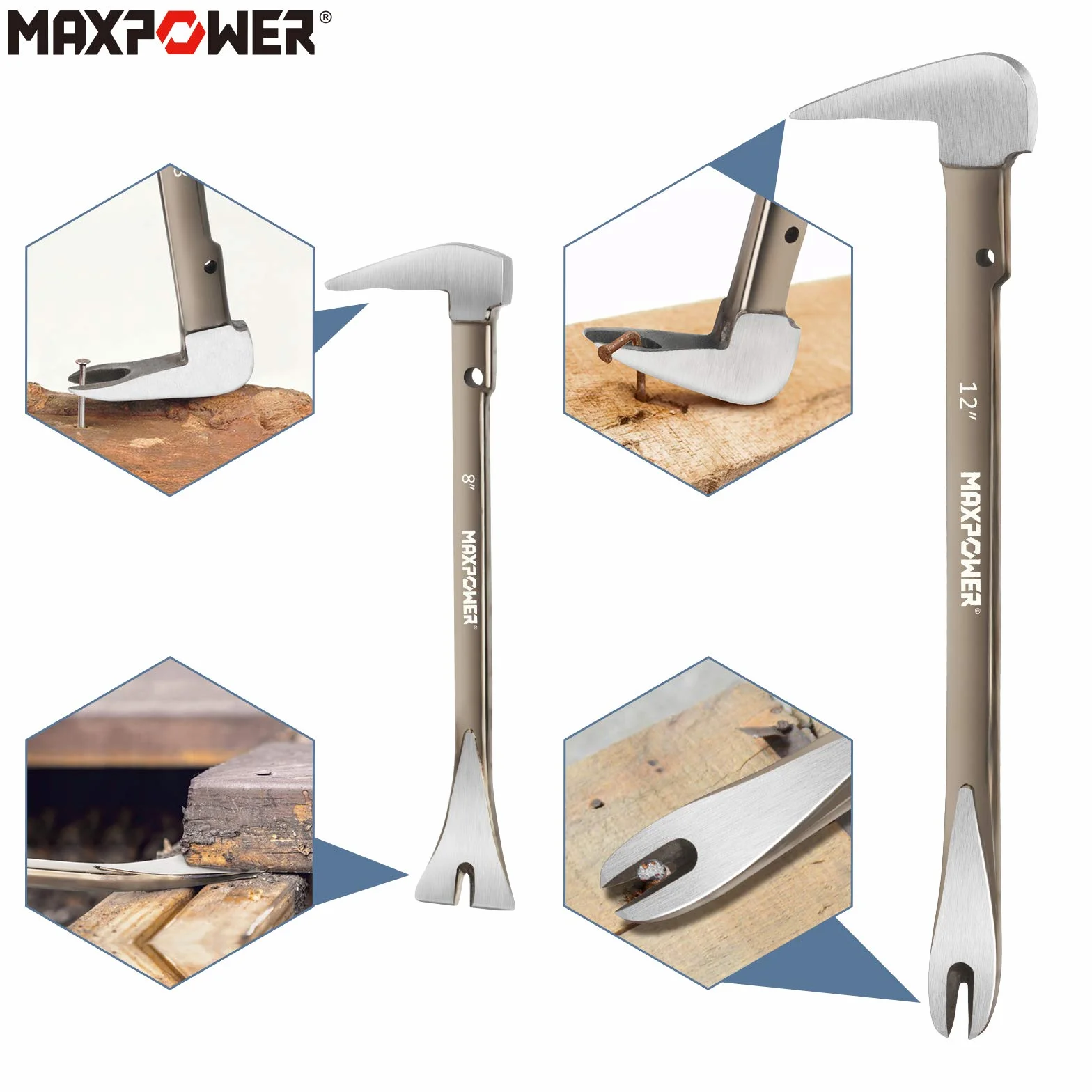 MAXPOWER Palanca para Quitar Clavos, Pie de Cabra, Set de 2 Piezas, 210mm y 300mm
