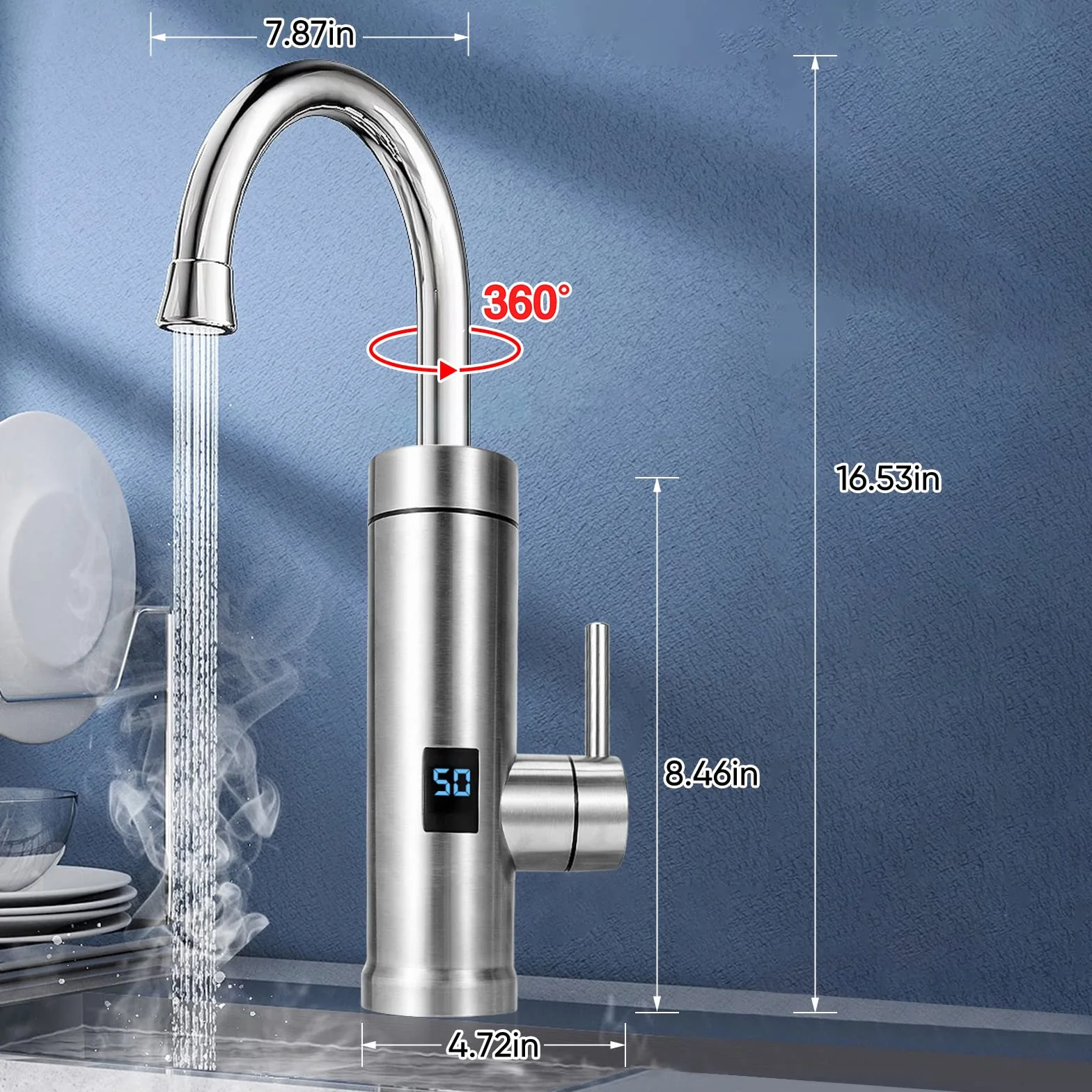 Grifo mezclador de cocina de agua caliente instantánea 3S con pantalla LCD, eléctrico, de acero inoxidable, para uso doméstico