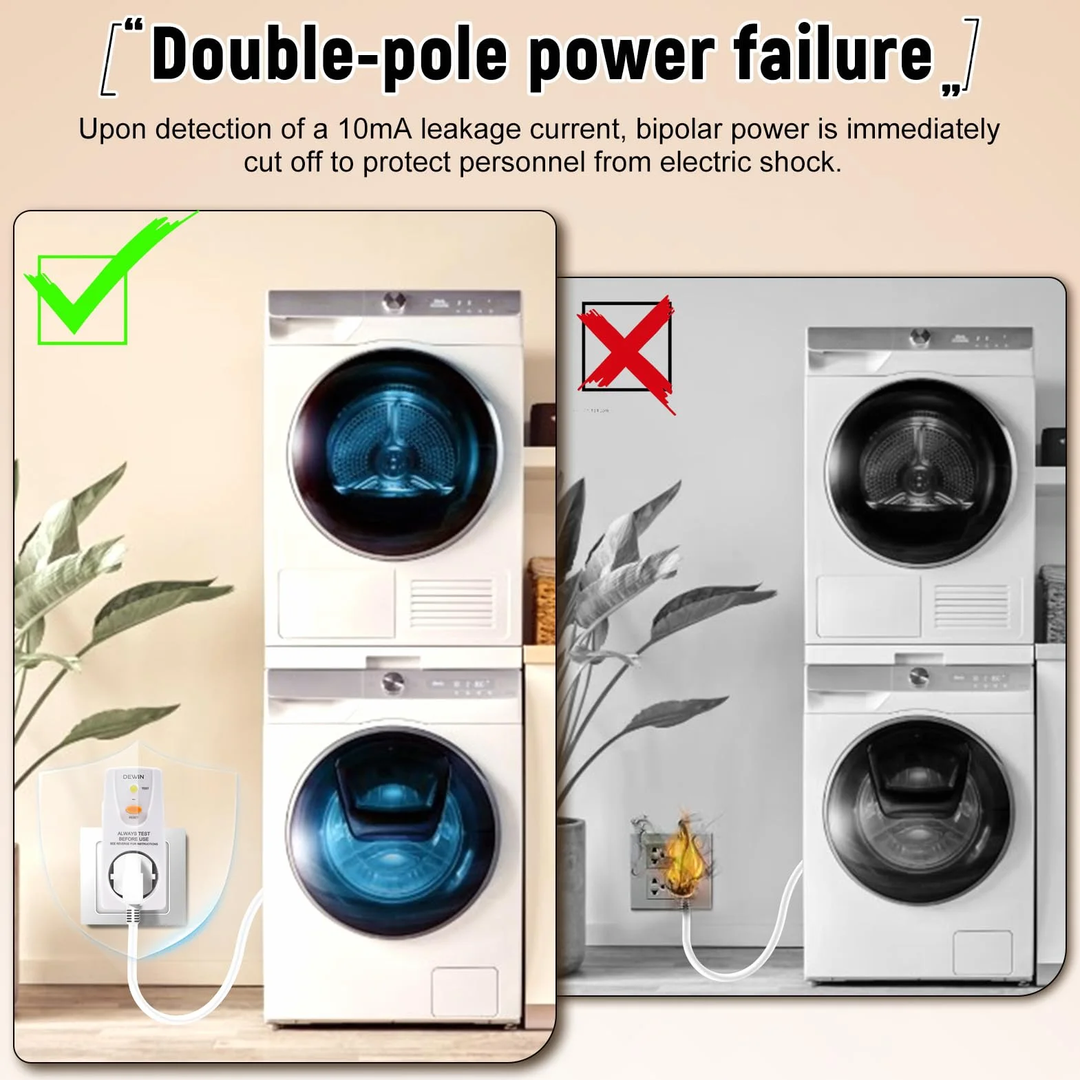 Interruptor Diferencial Enchufe 10mA, Paquete de 2 Interruptor de Corriente Residual antifugas y choques eléctricos, Toma de Corriente de Seguridad con Protección GFCI, 230V 16A