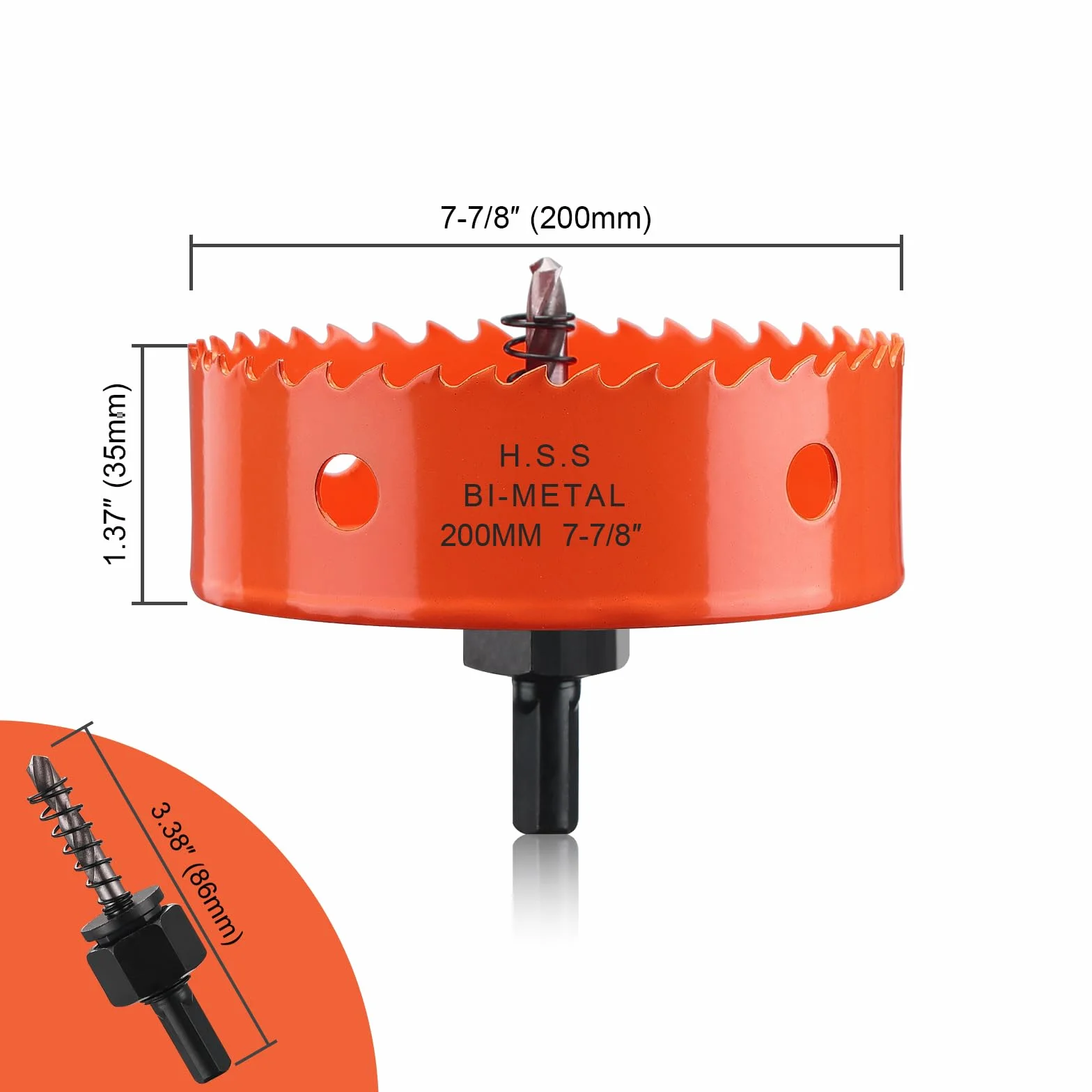 Sierra de corona de 200 mm naranja, acero rápido HSS M42 bi-metal, sierra de corona para madera, fresadora de agujero con eje hexagonal y broca con 35 mm de profundidad de corte para madera