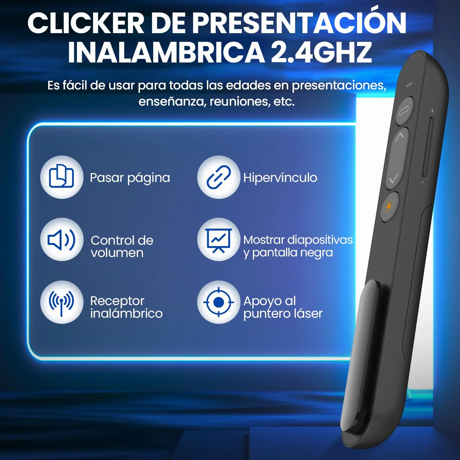 Puntero Presentaciones Remoto para PowerPoint, Keynote, Google Slides, PDF, MS Word, Plug & Play