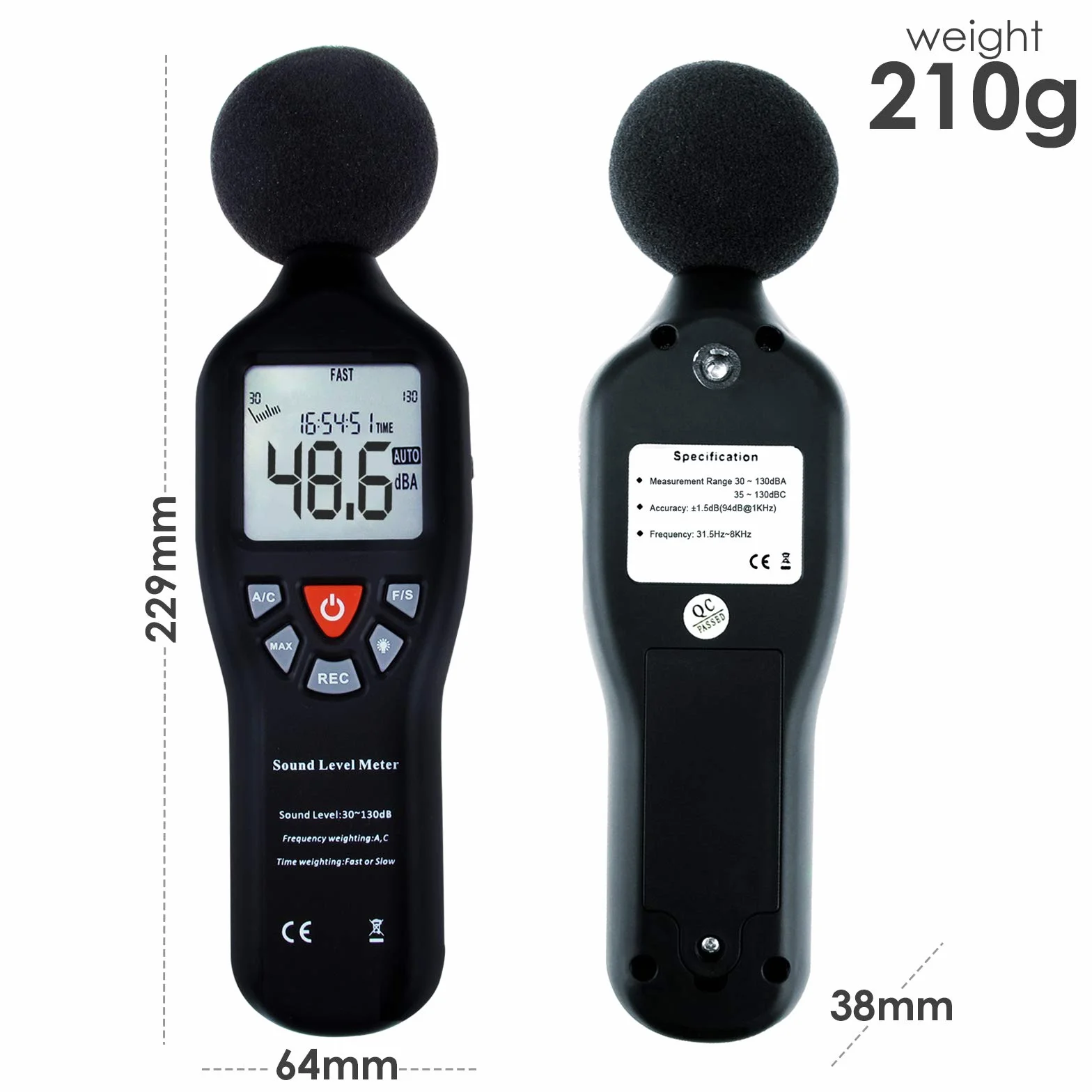 Instrumento Compacto Profesional Digital Sonido Nivel Metro Decibel con Retroiluminado Monitor Alto Exactitud Medición 30dB-130dB con Datos Grabar Función