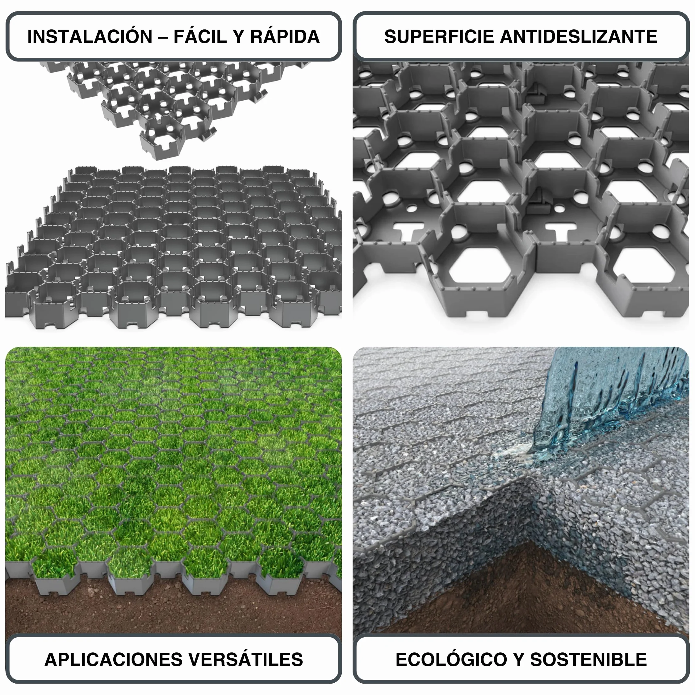 Vodaland HEXpave – Pavimento Permeable-Estabilizador de grava color gris - de 3 cm de Altura – hasta 12,000 kg – Ideal para Patios, Caminos, Bases de Cobertizos, Uso Vehículos Ligeros (pack de 5,85m2)